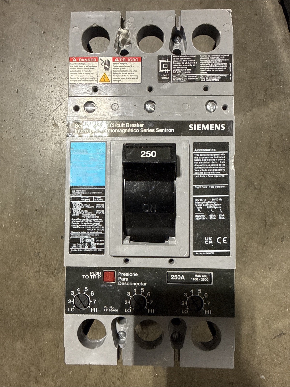 Siemens FXD63B250 Circuit Breaker 3-Pole 250 Amps 600 Voltage