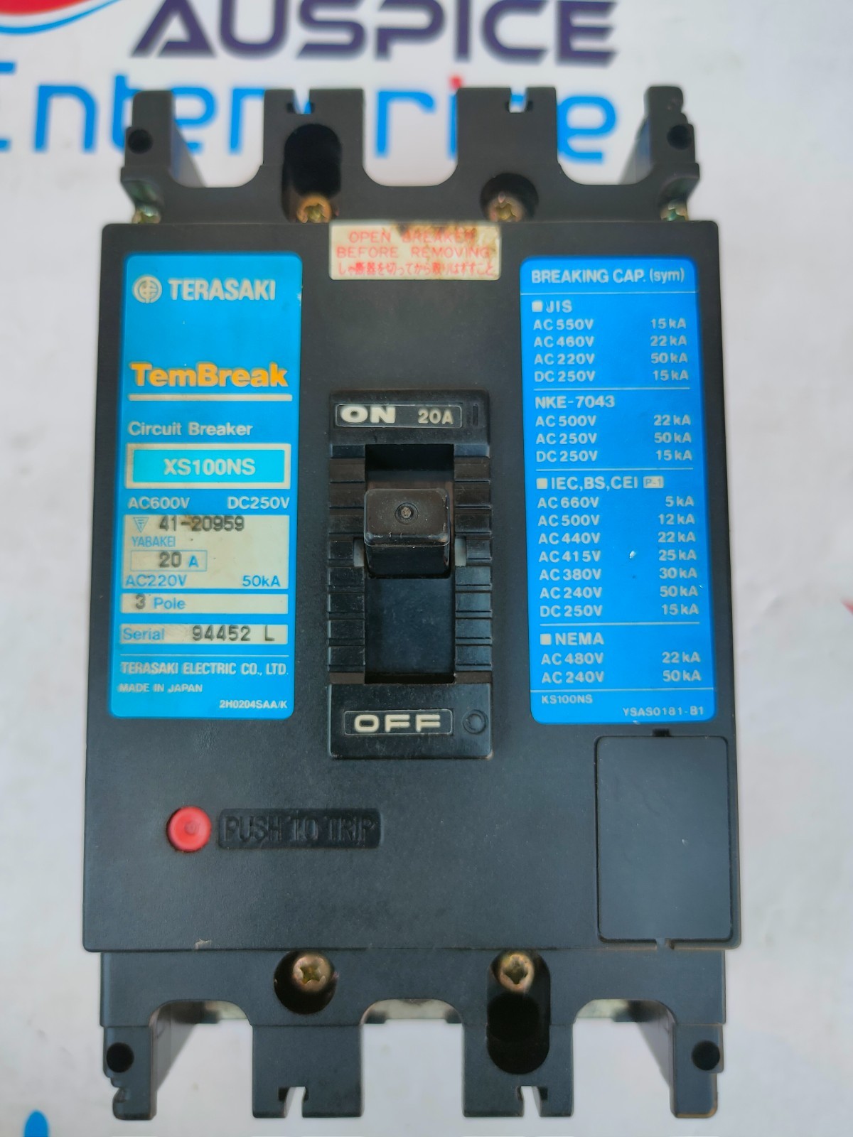 Terasaki TemBreak XS100NS Circuit Breaker 3 Pole 20A AC600V DC250V
