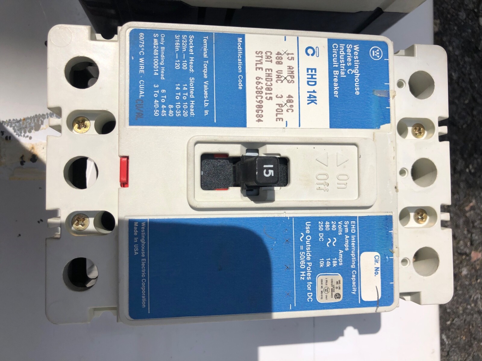 WESTINGHOUSE EHD3030L SERIES C CIRCUIT BREAKER 30A 480VAC