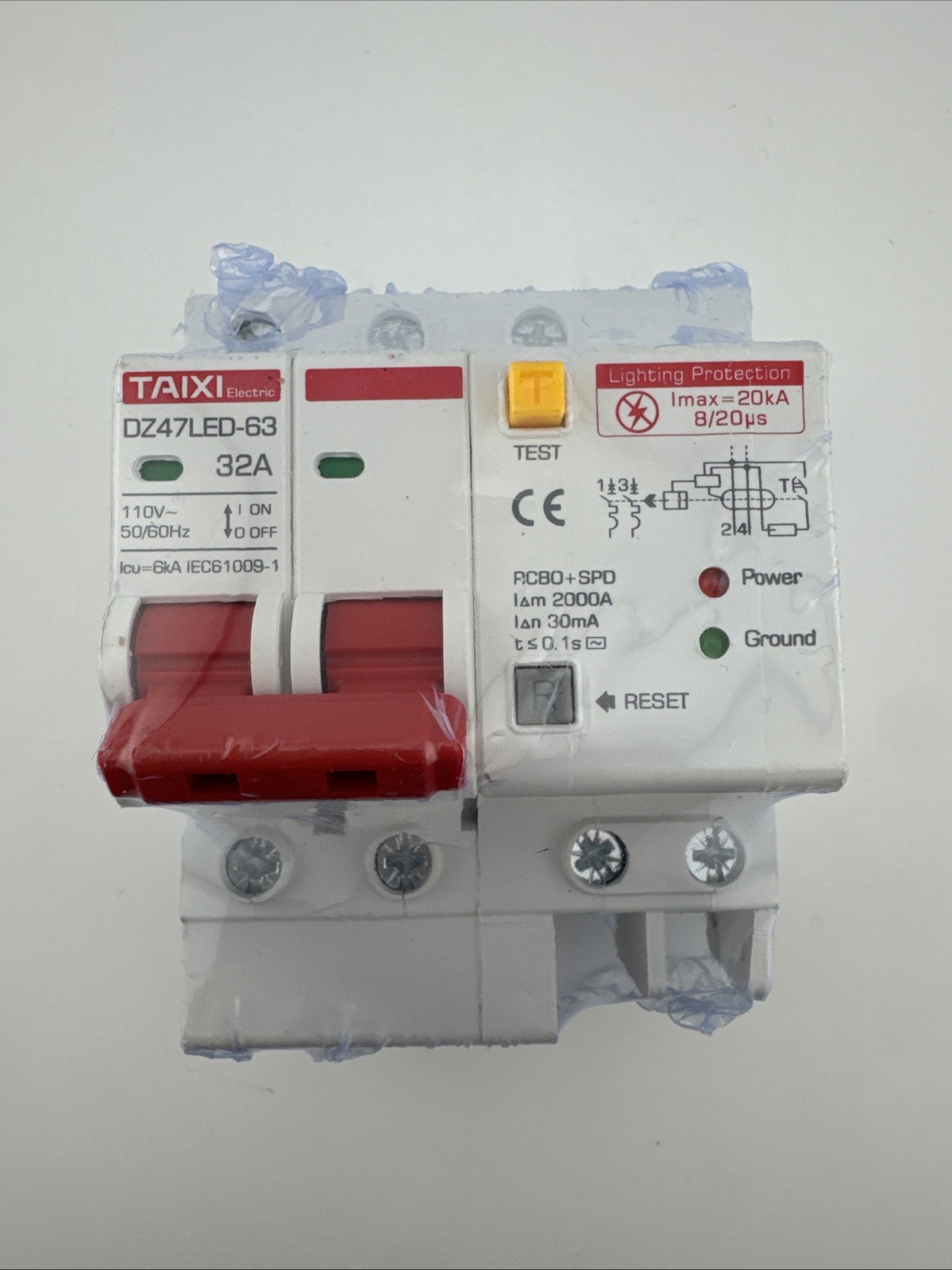 TAIXI Electric DZ47LED-63 RCBO+SPD Circuit Breaker 32A 110V Test Reset
