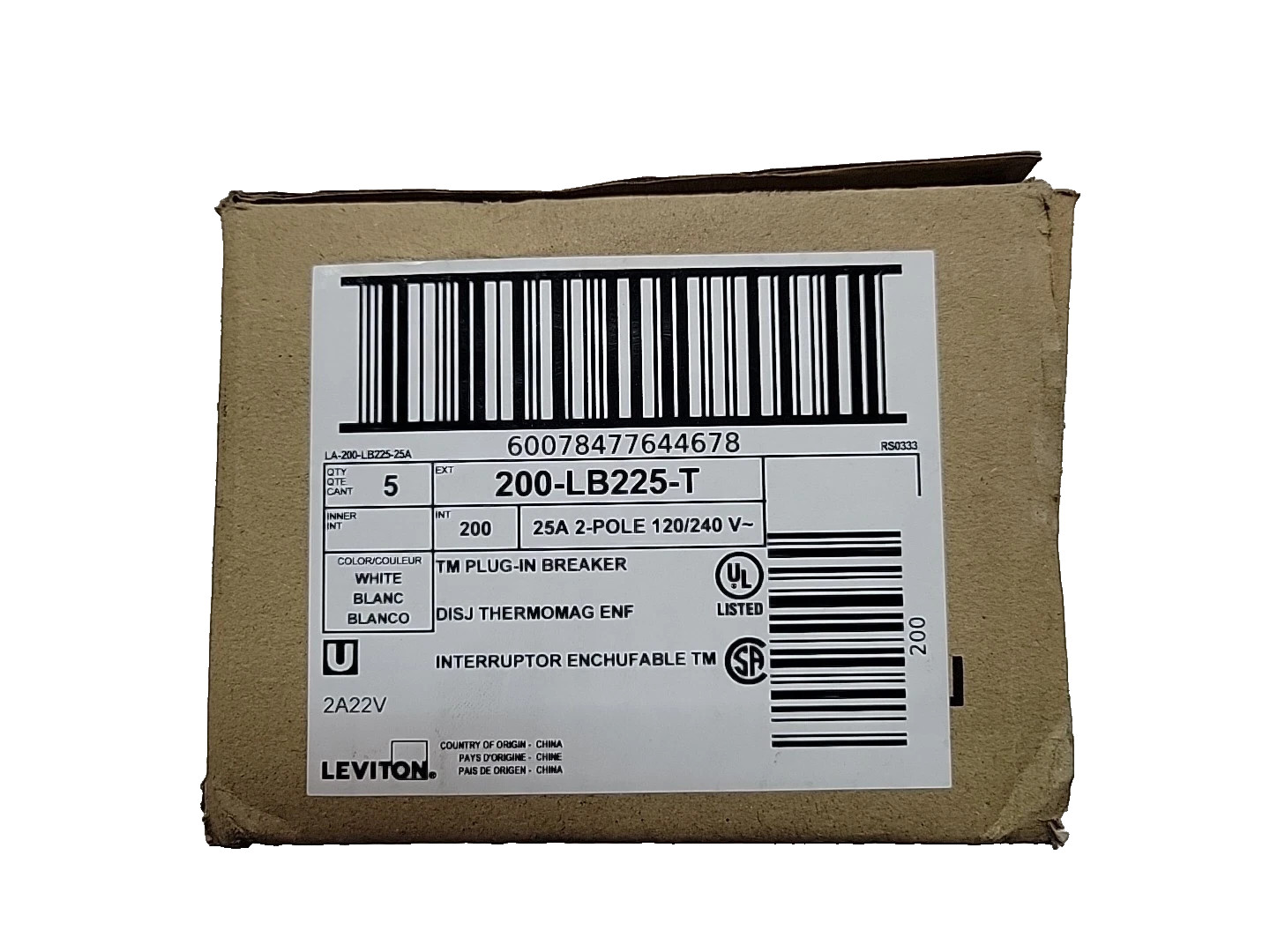 BOX OF 5 New In Box Leviton LB225-T 2 Pole 25 Amp Plug On Circuit Breaker