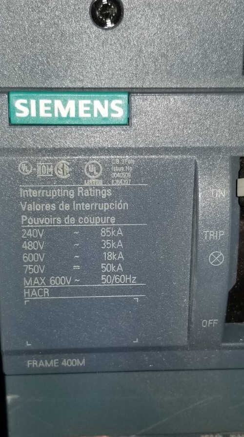 Siemens 3VA5340-5EC31-0AA0 Circuit Breaker 400 Amp 3 Pole 480 Vac 3va5-5ec31