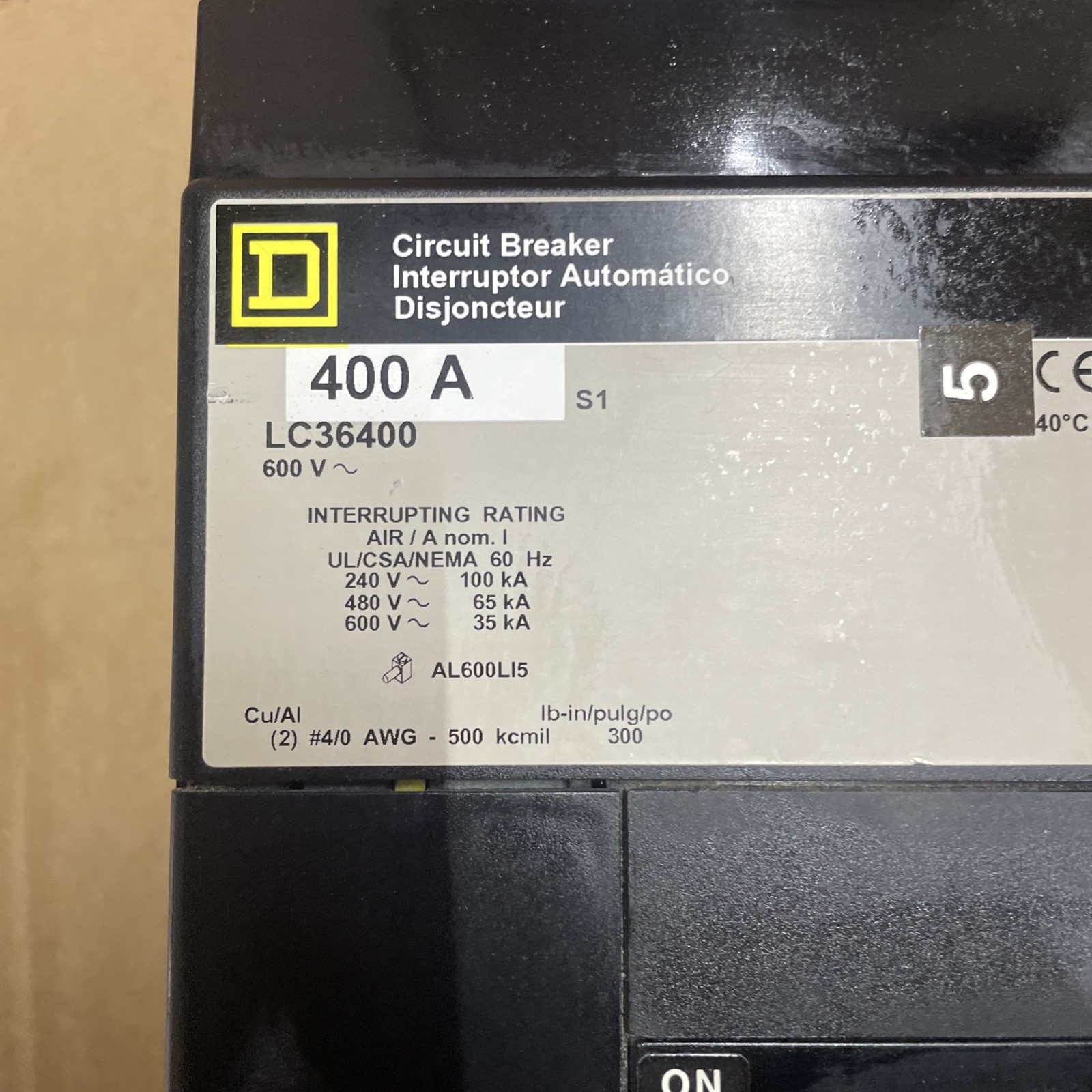 Square D LC36400 I-Line 400A 600V 3 Pole Molded Case Circuit Breaker