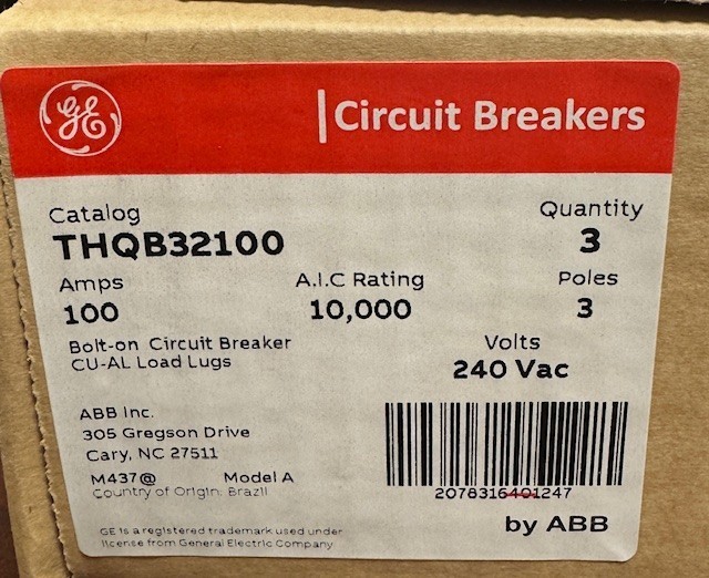 THQB32100 THQB 3 Pole 100 Amps 120/240Volt Bolt-On BRAND NEW GE ABB Breaker