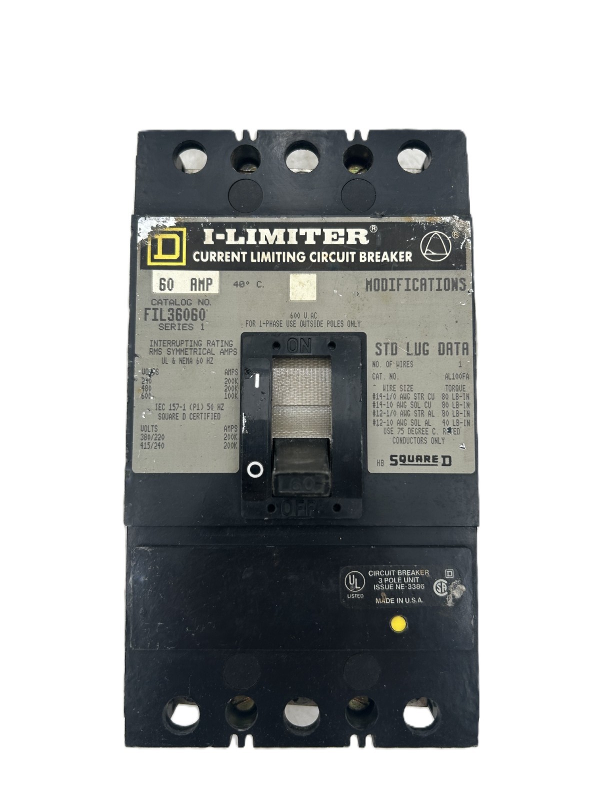 Square D FIL36060 I-Limiter Circuit Breaker 60A 3-Pole 600VAC