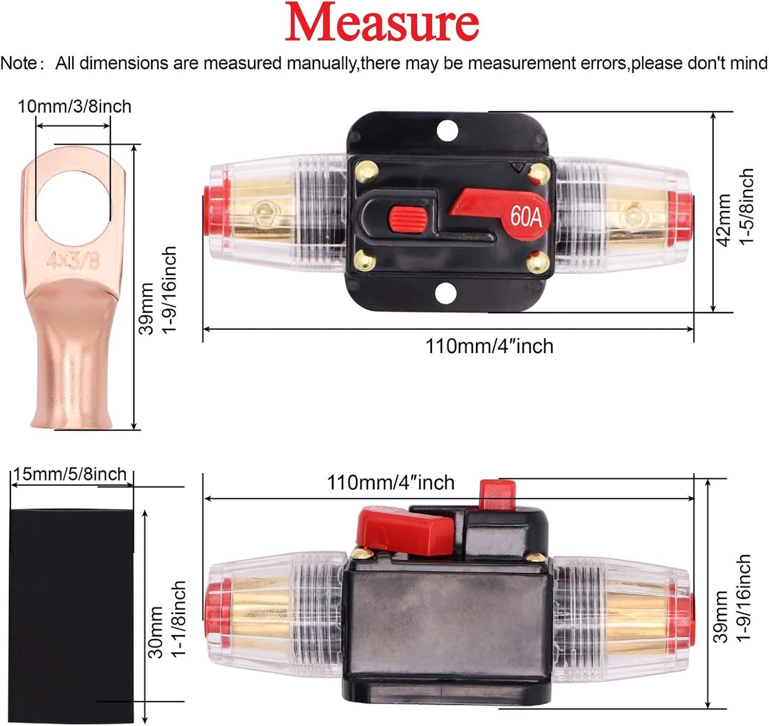 60A Audio Inline Circuit Breaker 12V Reset Fuse Holder 60amp with M Color: 60A