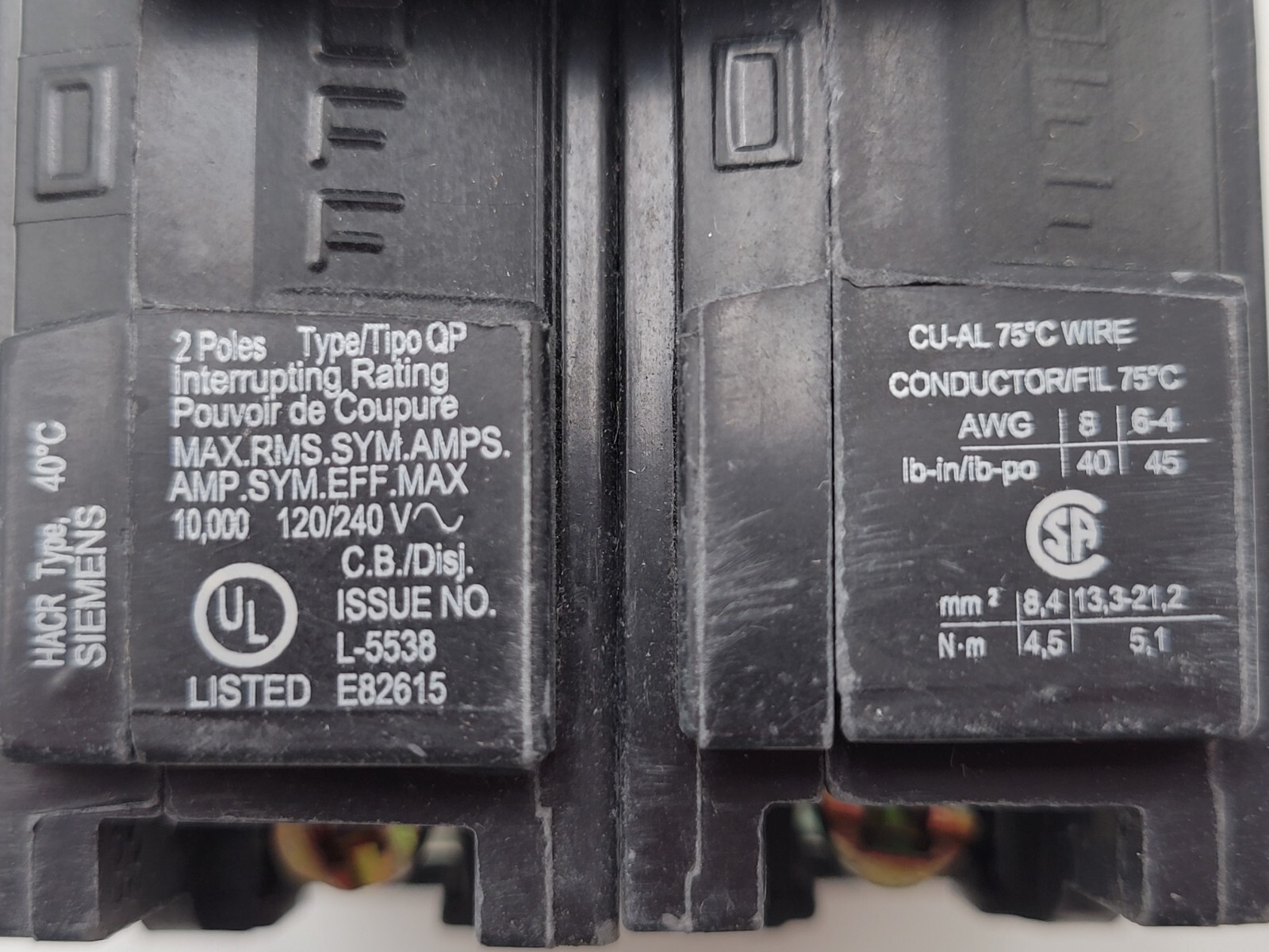 Siemens Q245 Plug-In Circuit Breaker 45A 120/240VAC 2P 1PH Type QP 45 Amp 2 Pole