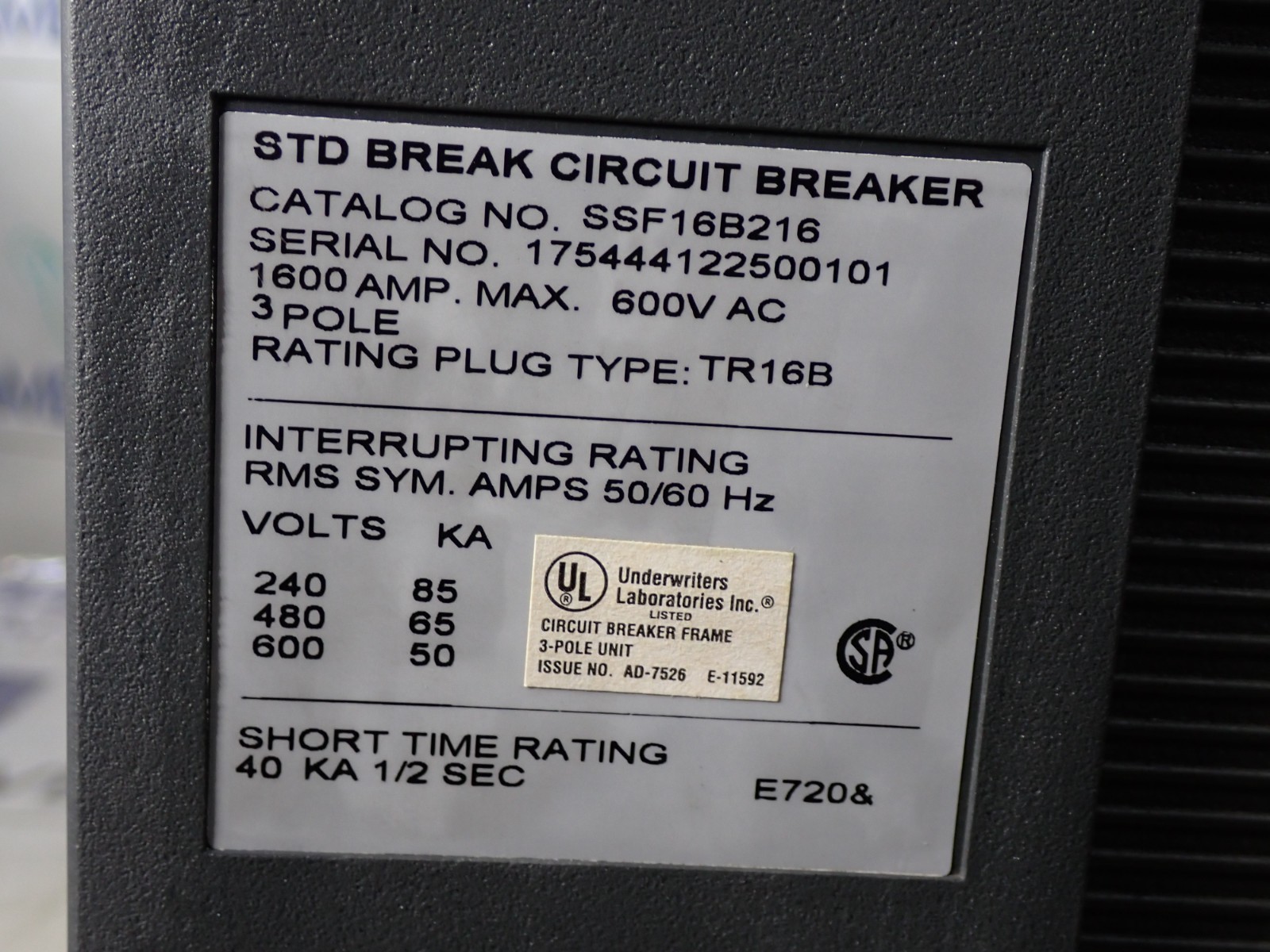 GE Power Break II SSF16B216 1600 amp 65kA@480v Breaker w/ B216LIG -Tested