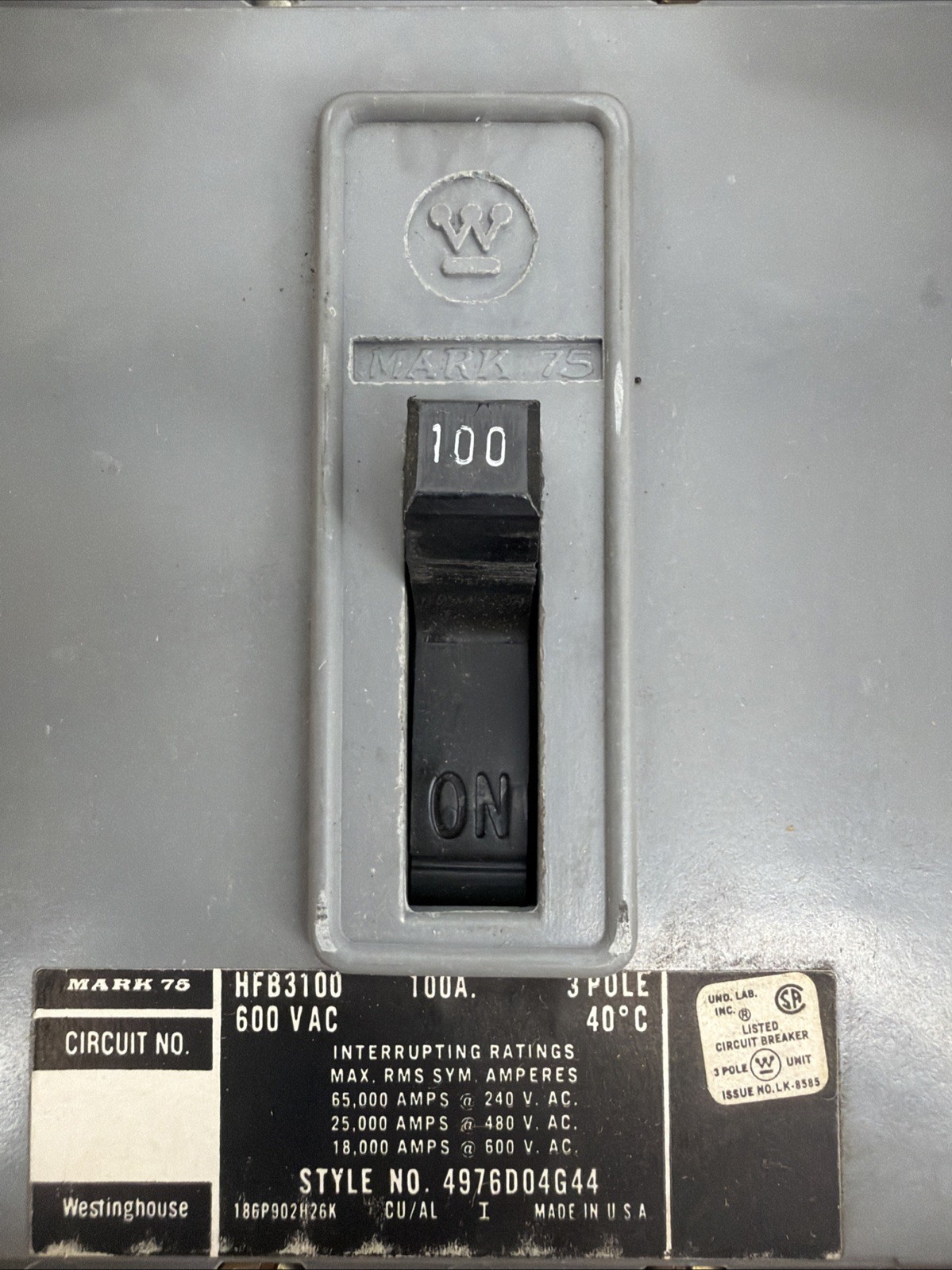 Westinghouse HFB3100 Circuit Breaker, 600V, 100A, 3 Pole, 3 Phase, Made In USA