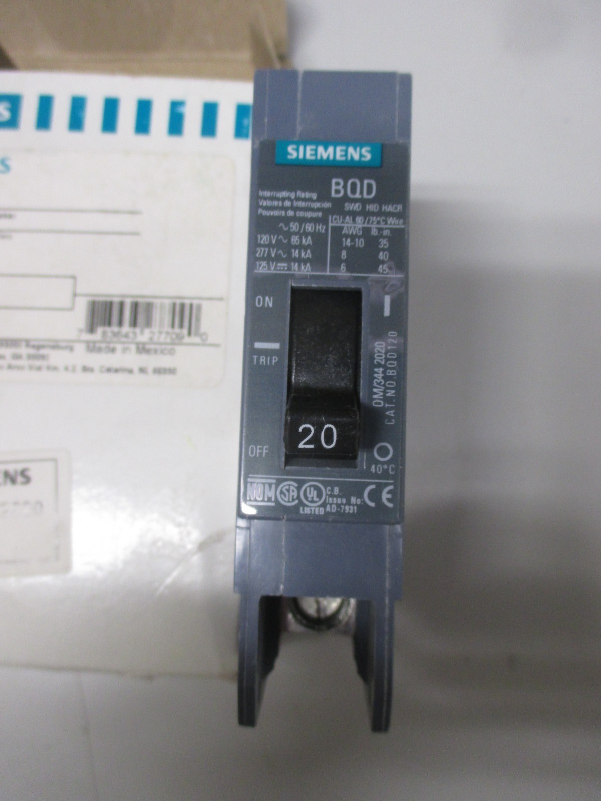 Siemens BQD120 20 Amp 1 Pole 14kA@277V BQD Bolt On Circuit Breaker NEW