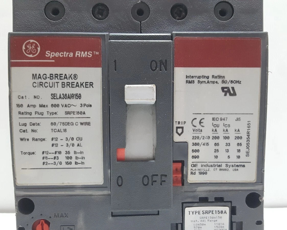 GE SELA36AI0150 RMS MAG-BREAK 3 POLE 150 AMPS CIRCUIT BREAKER / USED