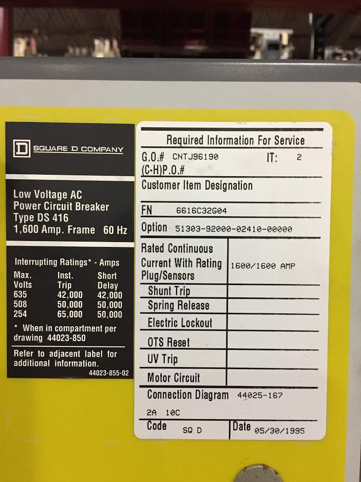 Square D DS-416 1600A MO/DO LSI Air Circuit Breaker