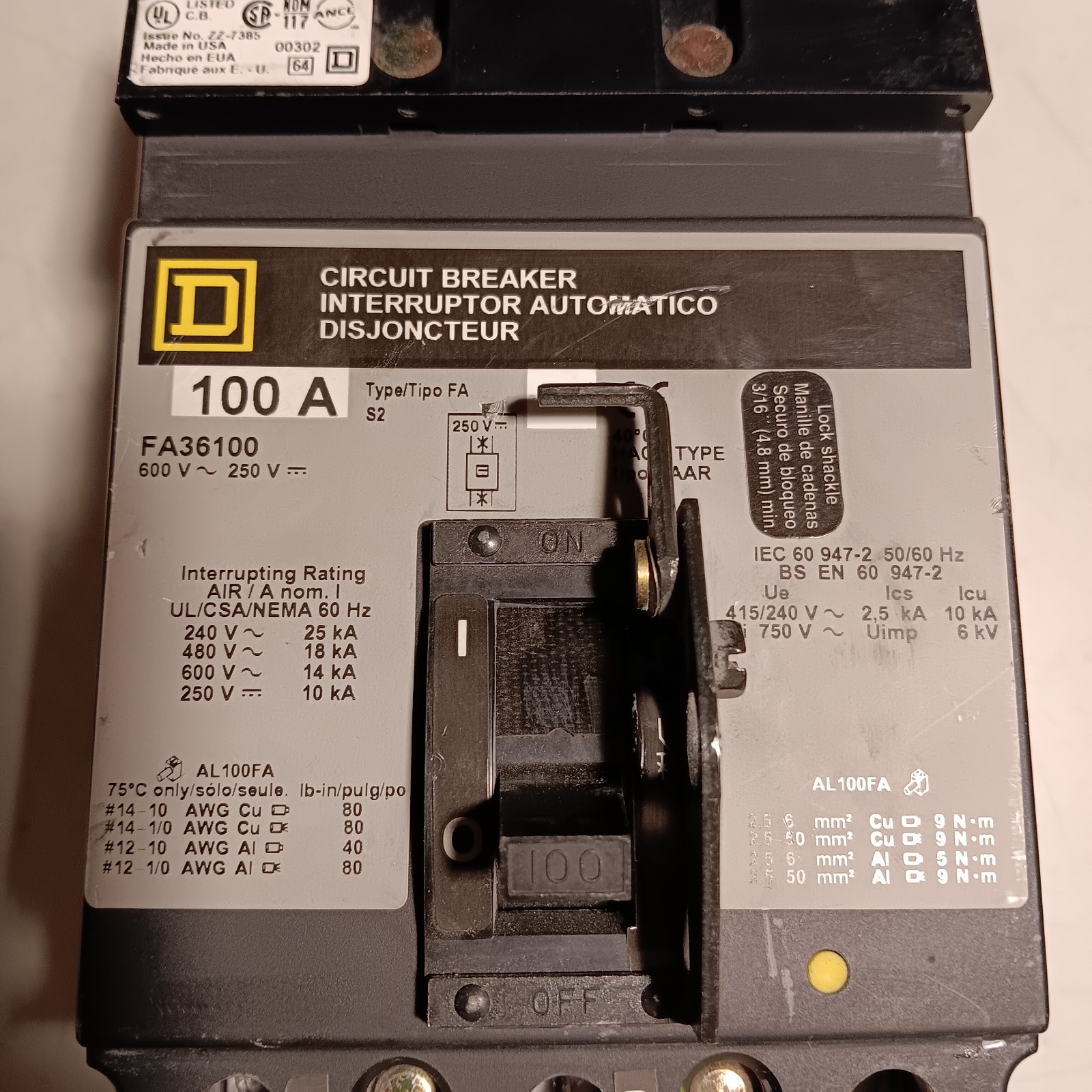 Square D FA36100 100 Amp 3Pole 18kA@480VAC I-Line Breaker Excellant condition.