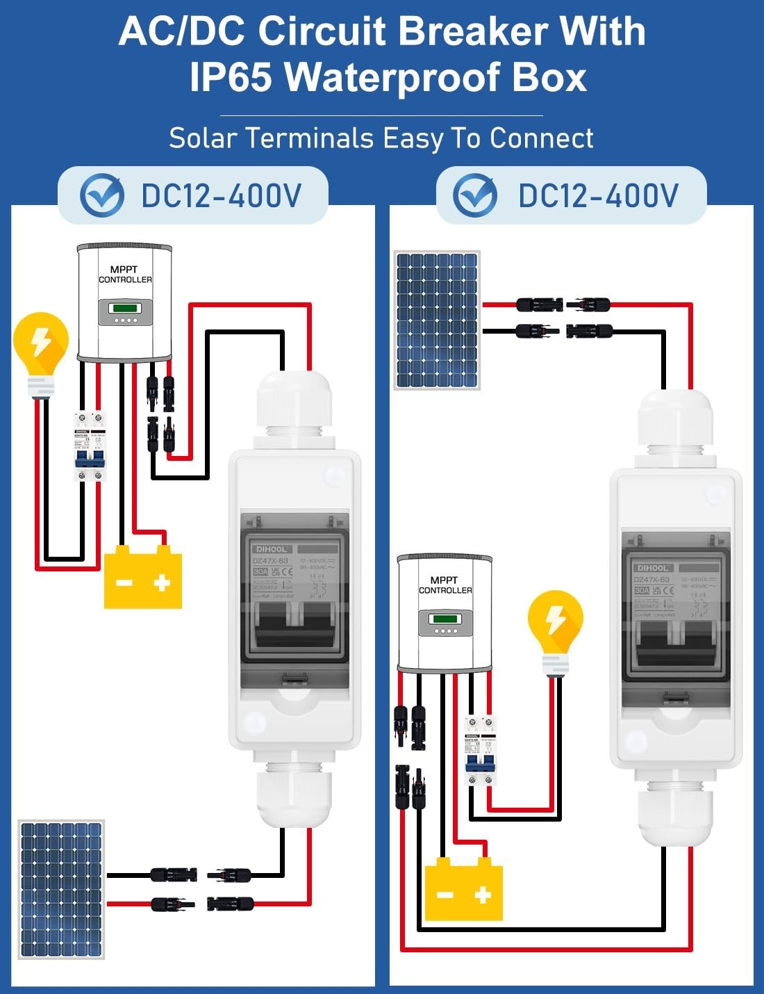 Solar Panel Disconnect Switch, Non Polarized DC Circuit Breaker, 30 Amp, 2 Po