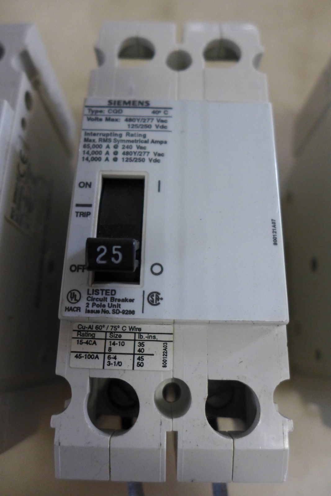 R14 SIEMENS CQD BREAKER 2 POLE SD-9286 480/277Vac 125/250Vdc FREE SHIPPING