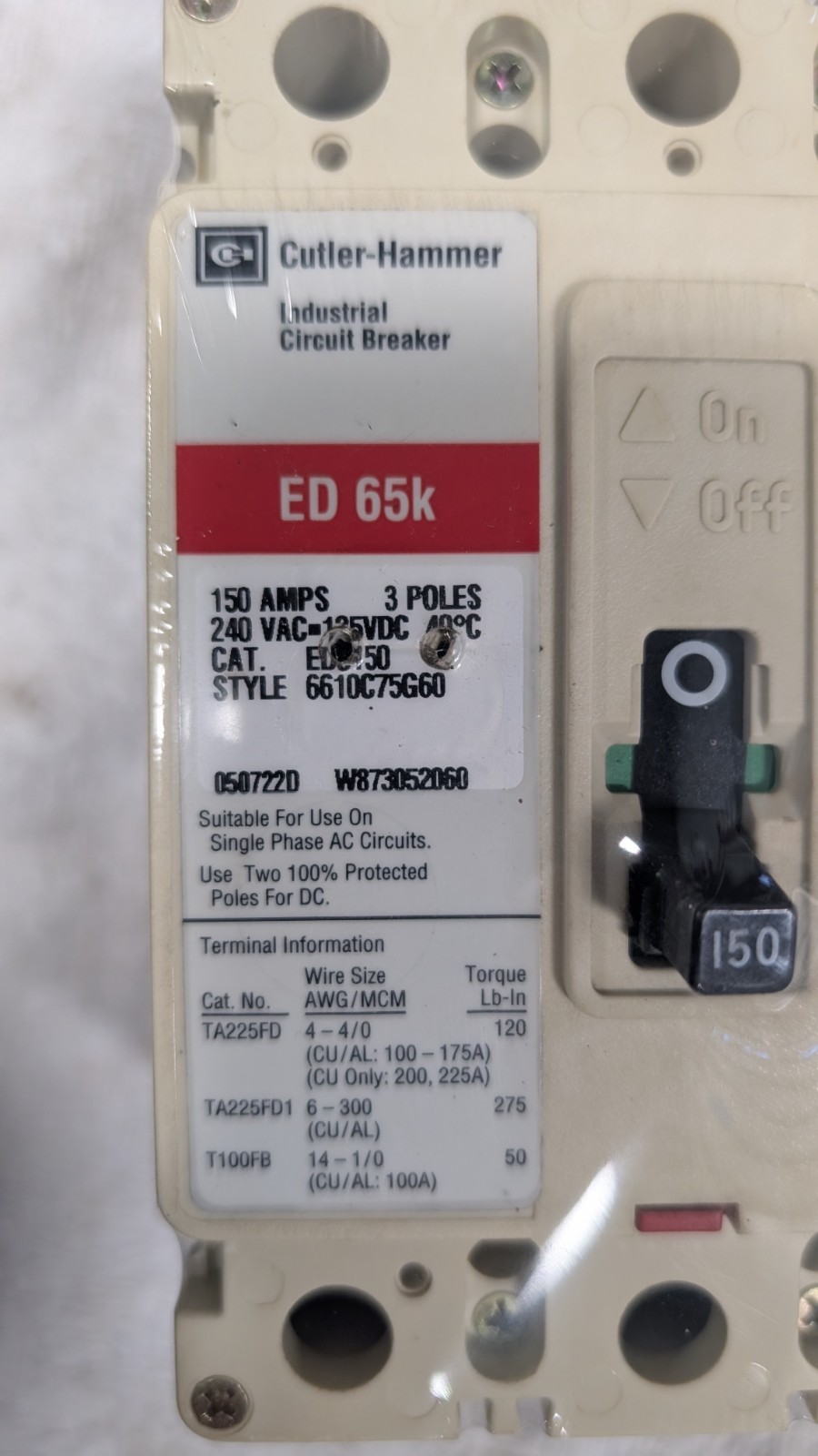 Cutler-Hammer ED65k 150 amp 3 pole circuit breaker