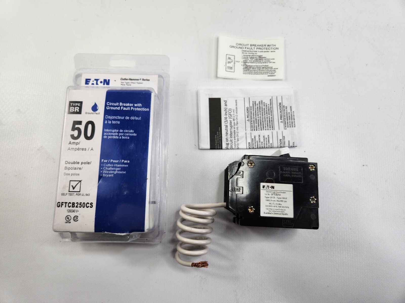 Eaton GFTCB250 Plug-On Mount Type GFTCB Ground Fault Circuit Breaker 2-Pole 50 A