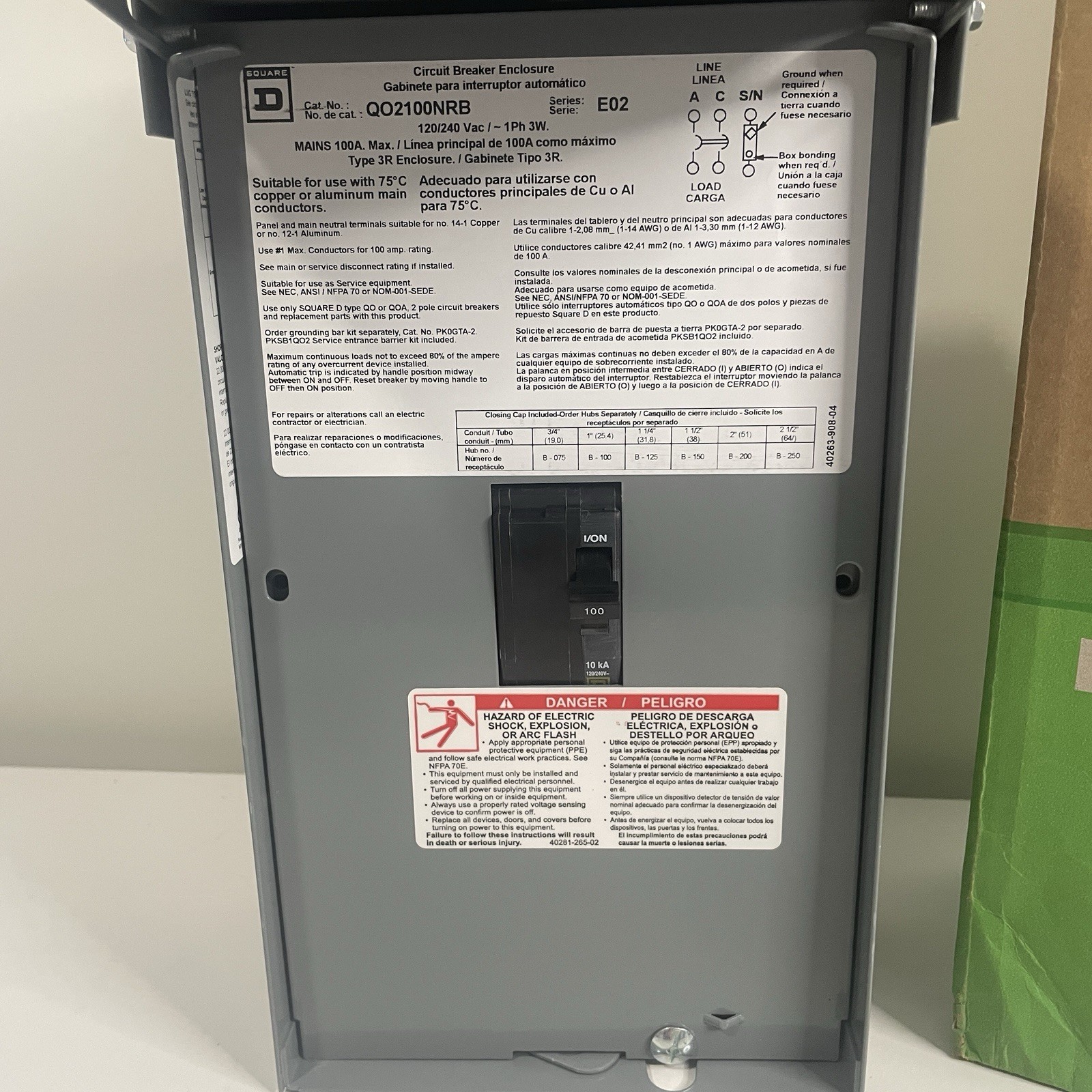 Square D Circuit Breaker Enclosure With 100A 2 Pole Main Breaker QO2100NRBCP NEW