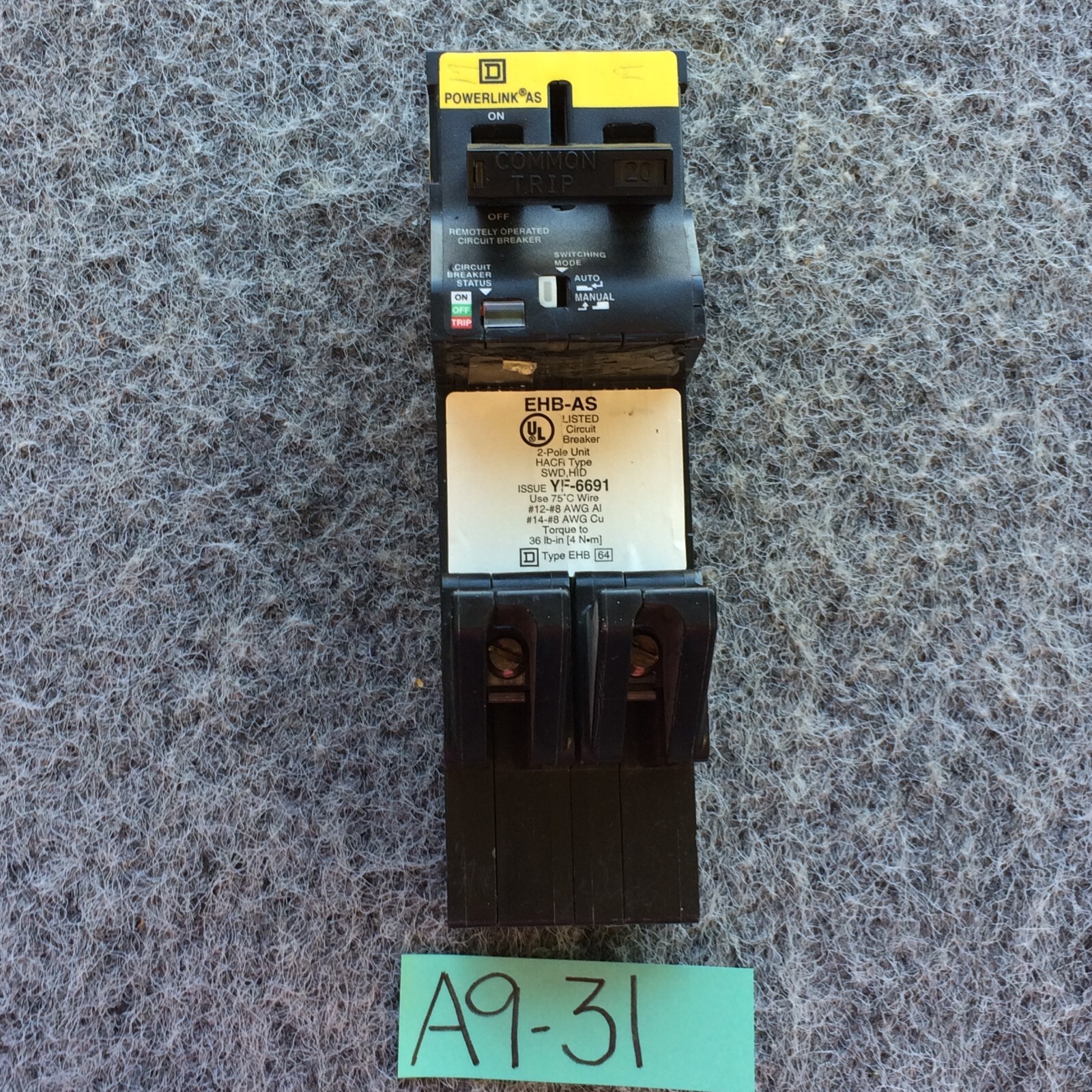SQUARE D EHB24020AS, 20 Amp 480V, Remotely Operated Circuit Breaker – WARRANTY