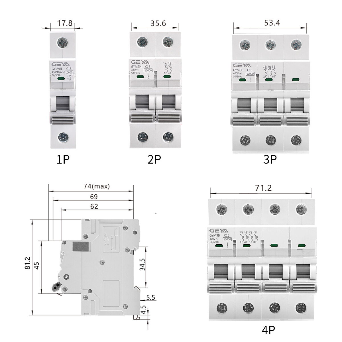 GEYA 10KA MCB 3Pole 6/10/16/20/25/32/40/50/63A 220V/400V Circuit Breaker C Curve