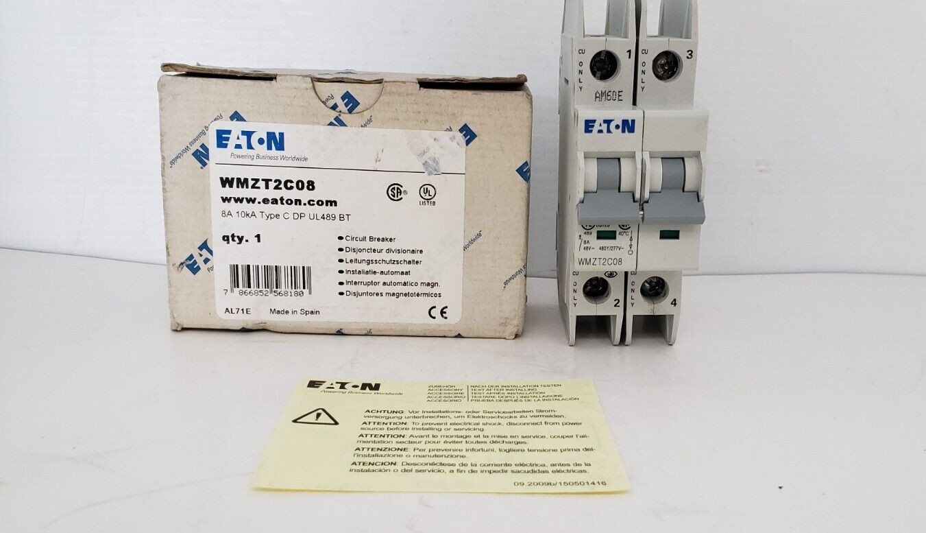 EATON WMZT2C08 (FAZ-C8-2-NA) CIRCUIT BREAKER, 8 AMP, 480Y/277V, 2 POLE, NIB