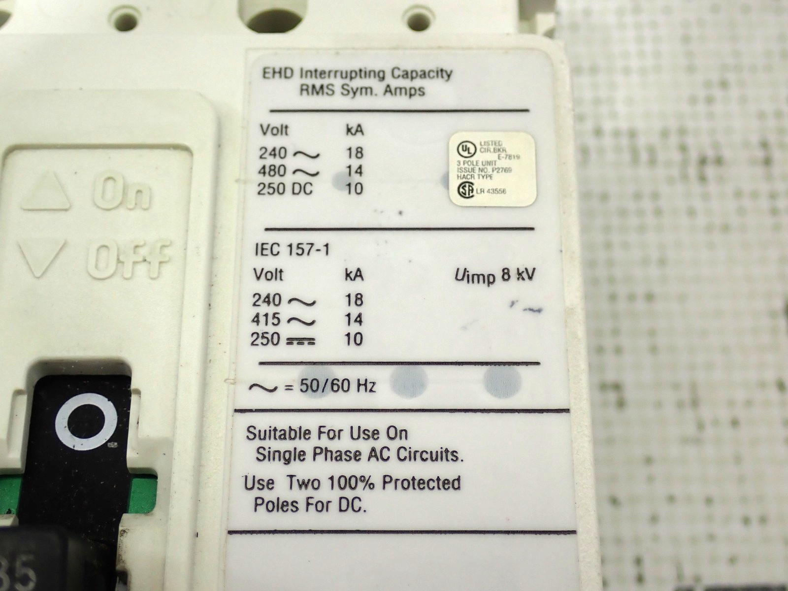 Cutler Hammer EHD3035 3 Pole 35 Amp 480 Volt Breaker W/ 48/127V Shunt Tested