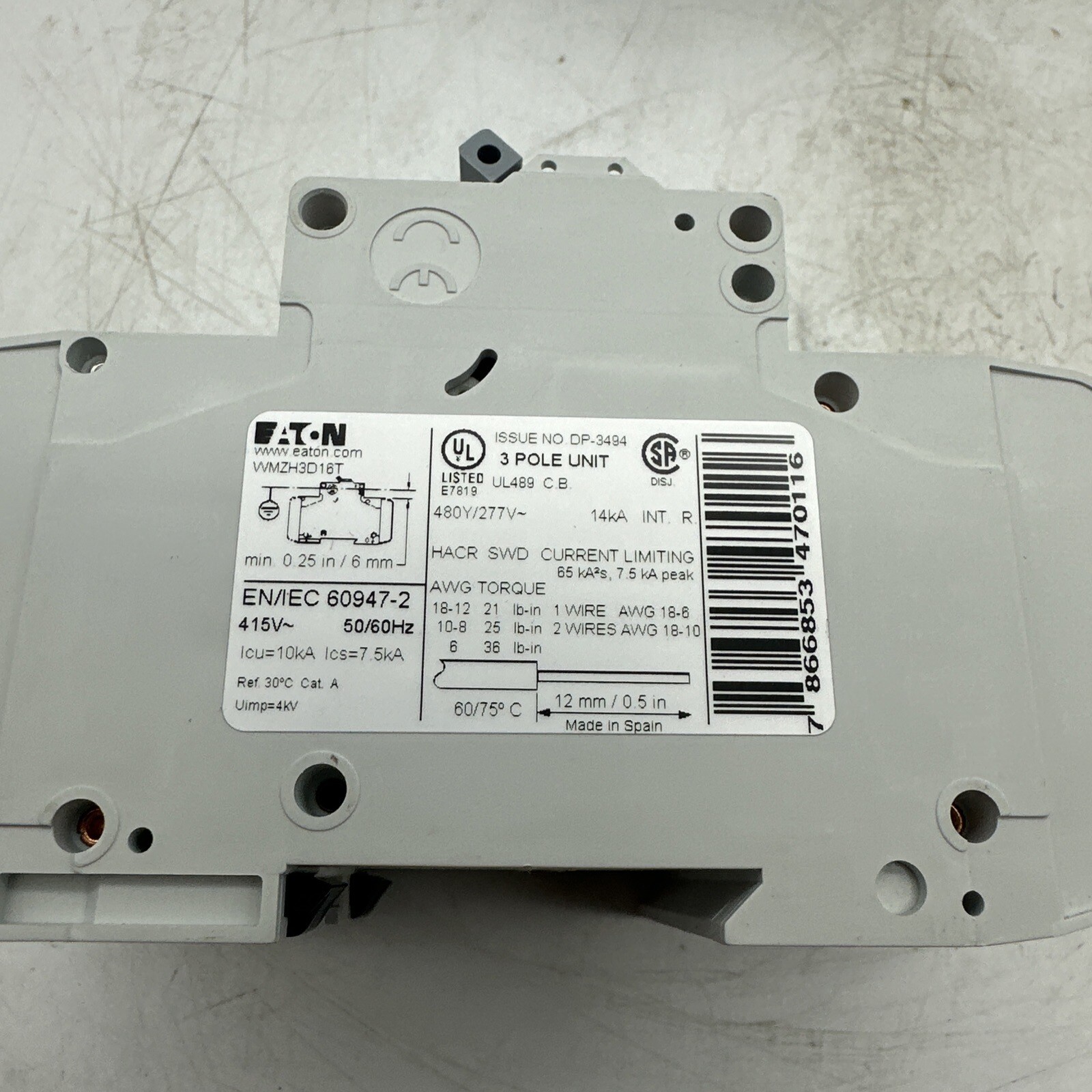 EATON WMZH3D16T MINIATURE CIRCUIT BREAKER CURRENT-LIMIT 16A 480Y / 277 VAC