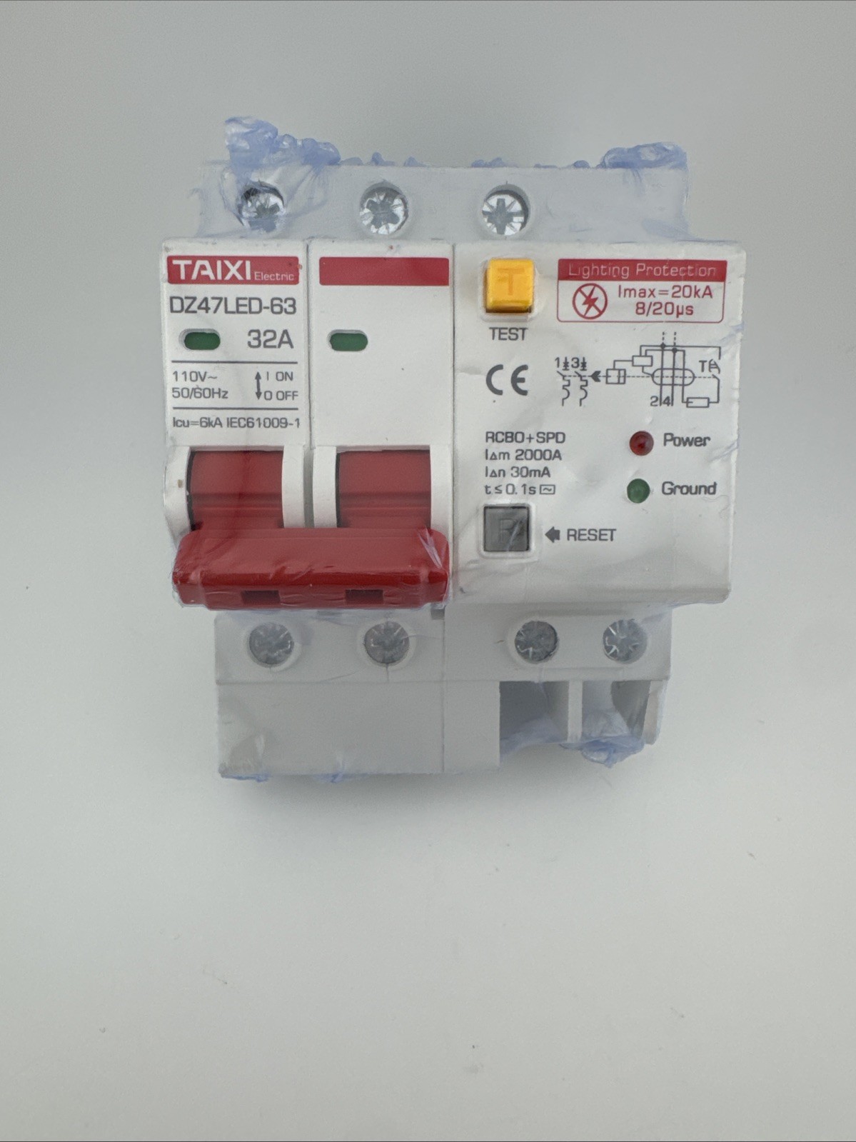 TAIXI Electric DZ47LED-63 RCBO+SPD Circuit Breaker 32A 110V Test Reset