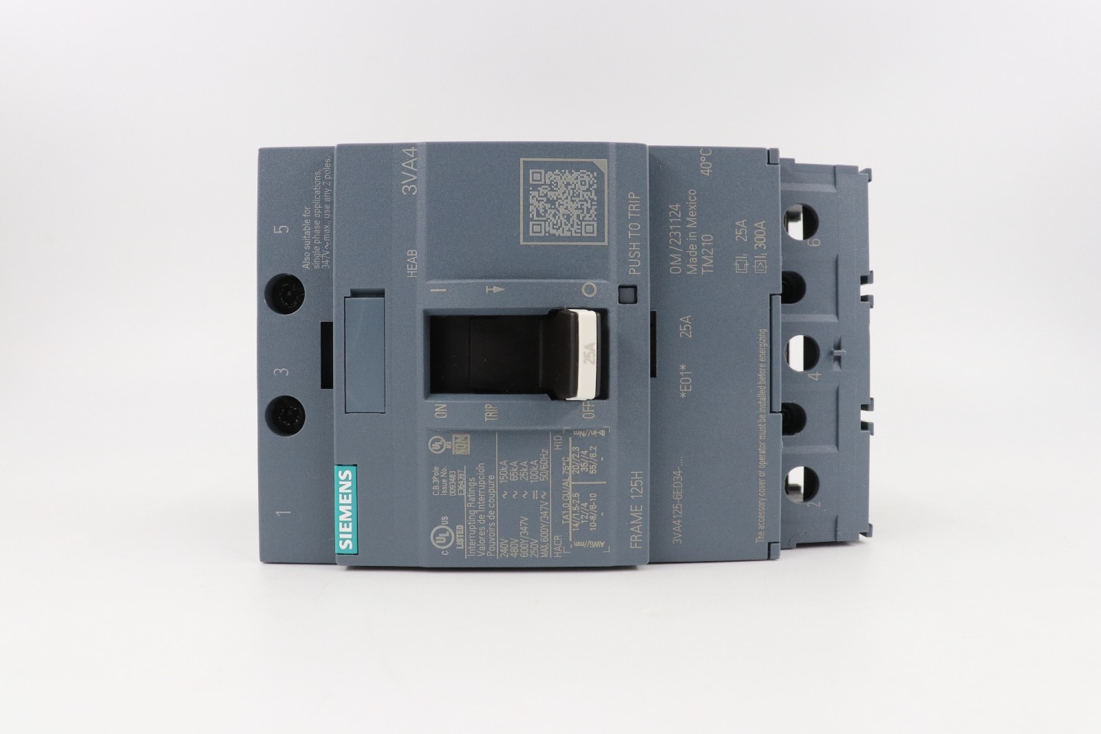 SIEMENS 3VA4125-6ED34-0AA0 25A 3-POLE 600Y/347V CIRCUIT BREAKER, 480V/65KA 240V/
