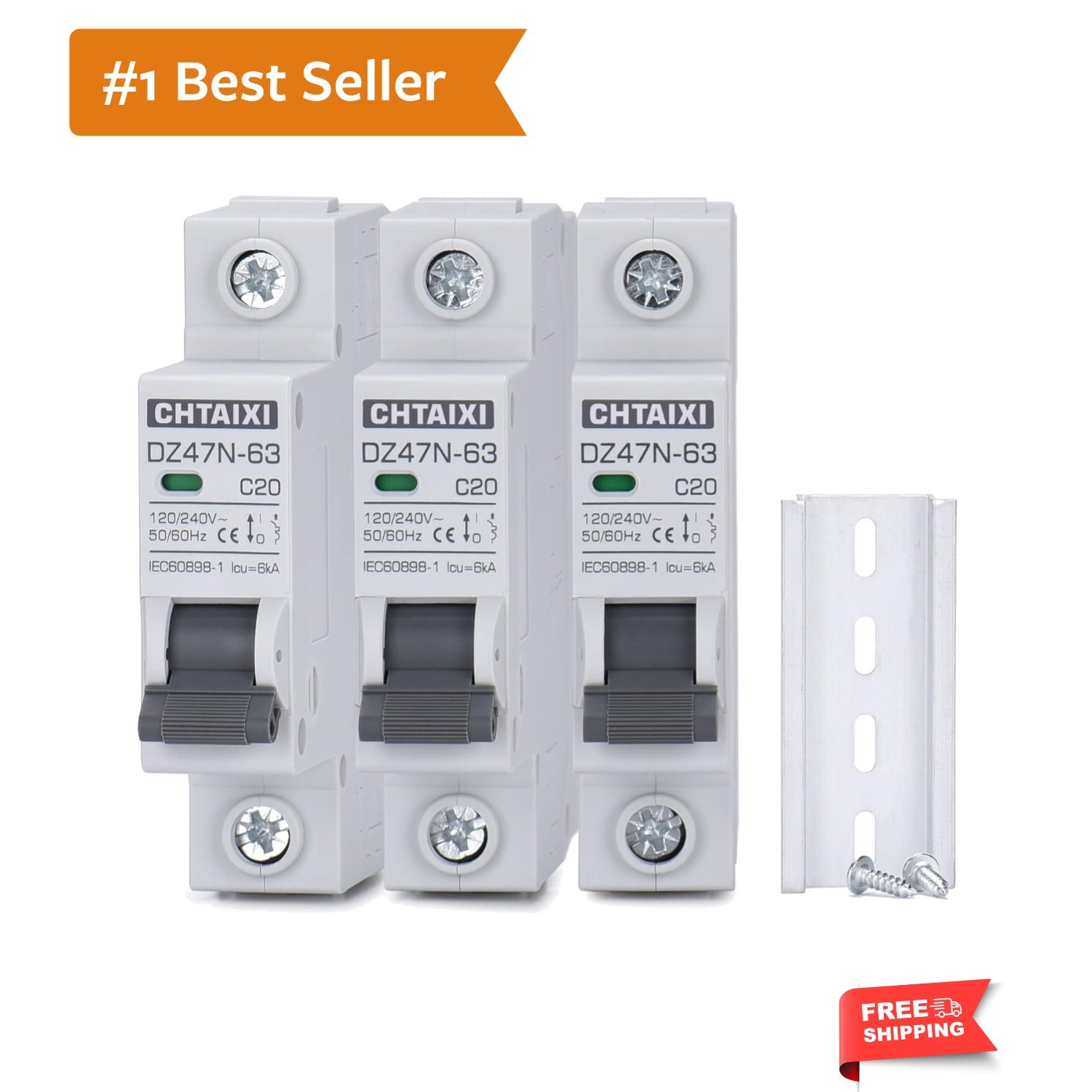 AC Miniature Circuit Breaker, 20 Amp 120V/240V 1 Pole 3 Pack | DIN Rail Mount…