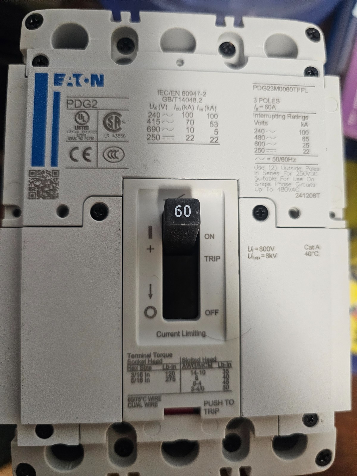eaton power defense 3pole 60amp breaker 65kAIC/480v max 690v new in box