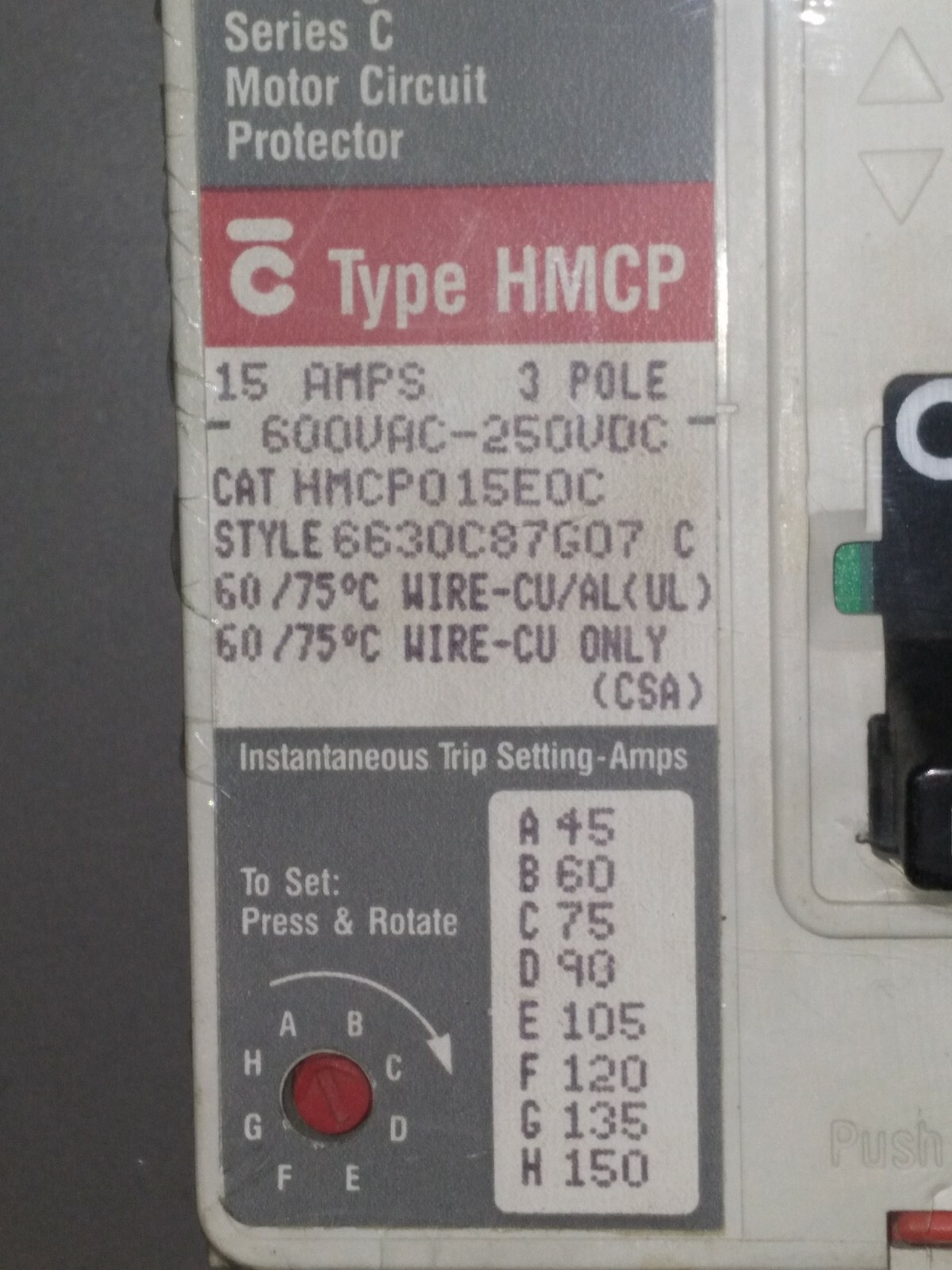HMCP015E0C Cutler Hammer, Eaton, Westinghouse Circuit Breaker Series C HMCP 15 A