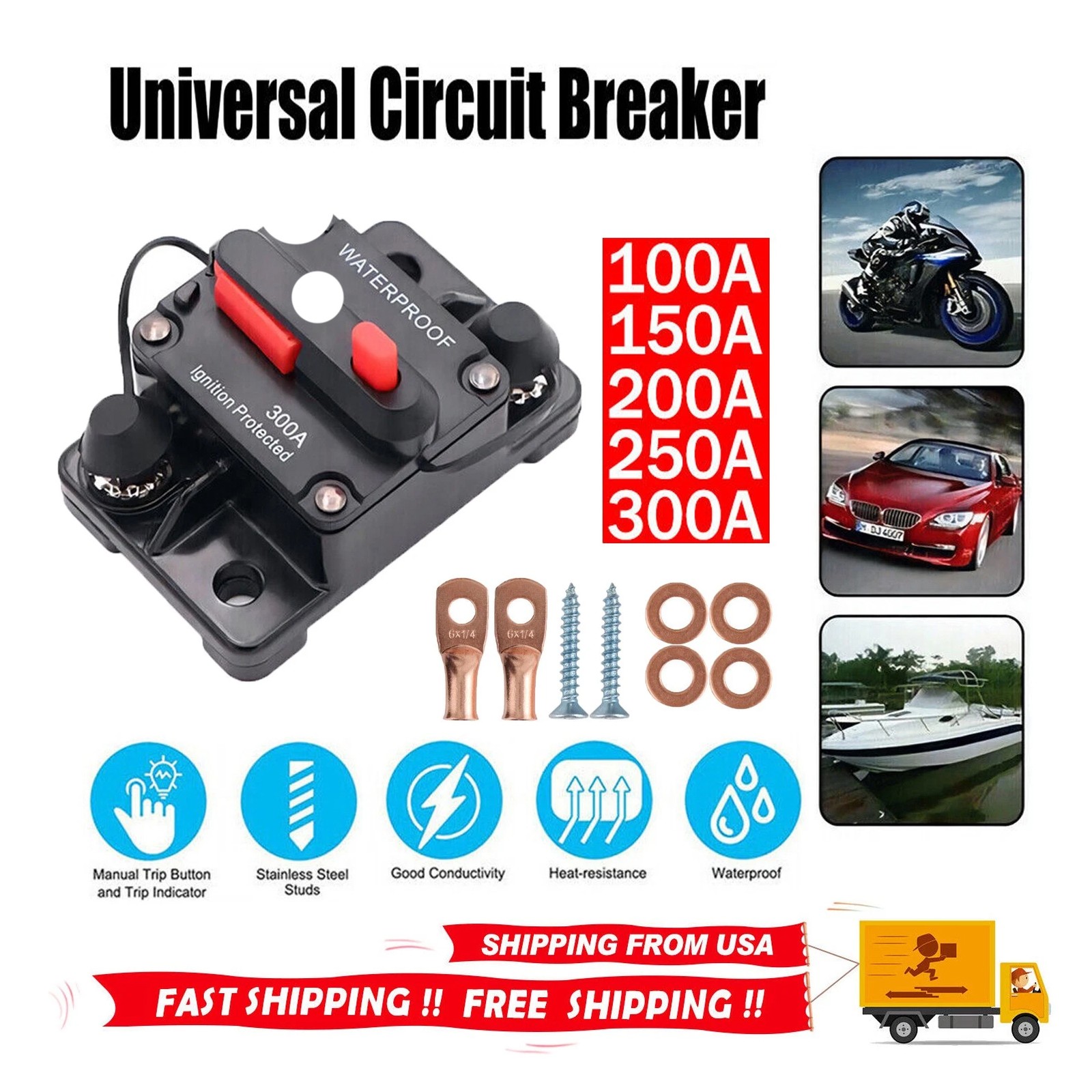 20A-300A Amp Circuit Breaker Audio Fuse 12V-48V DC Car Boat Manual Reset Switch