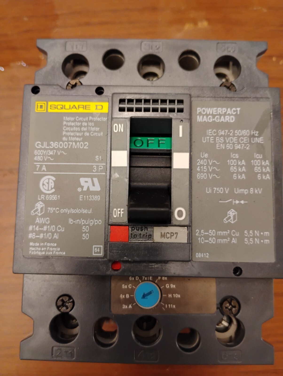 Square D GJL36007M02 7 Amp 3 Pole 600V GJL Mag-Gard Adjustable Circuit Breaker