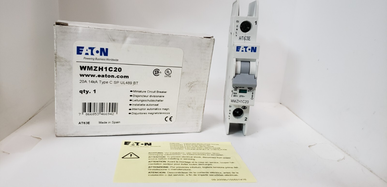 EATON WMZH1C20 CIRCUIT BREAKER, 1 POLE, 20A, 240/415V, 14kA, TYPE C, NIB