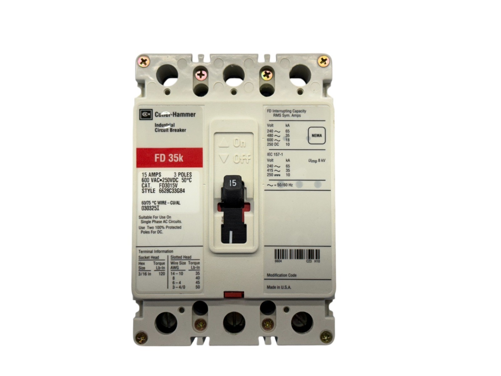 CUTLER HAMMER FD3015V 15A 3-PHASE 3-POLE 600V SERIES CASE CIRCUIT BREAKER