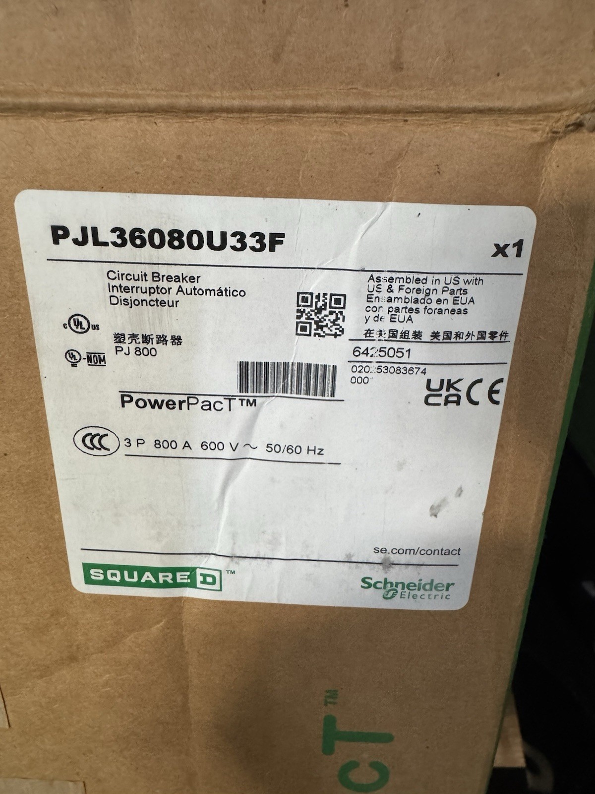 Schneider Electric PJL36080U33F Square D PowerPact PJ 800 Breaker