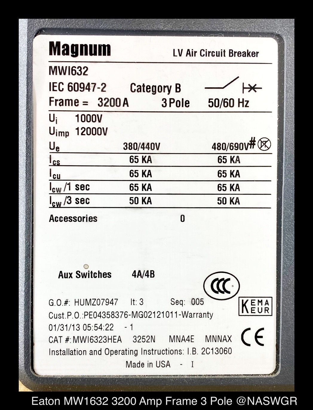 Eaton Magnum IEC MWI632 Breaker (M/O,B/I) – 3200 Amp – Unused/Warranty