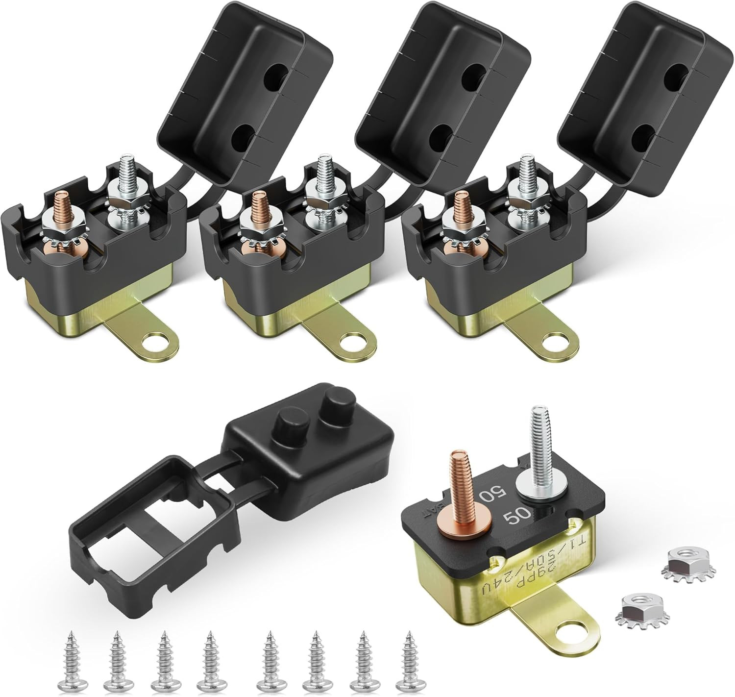 (50A 4PCS) DC 12V-24V Automatic Reset Circuit Breaker #10-32 Stud Bolt Type Circ