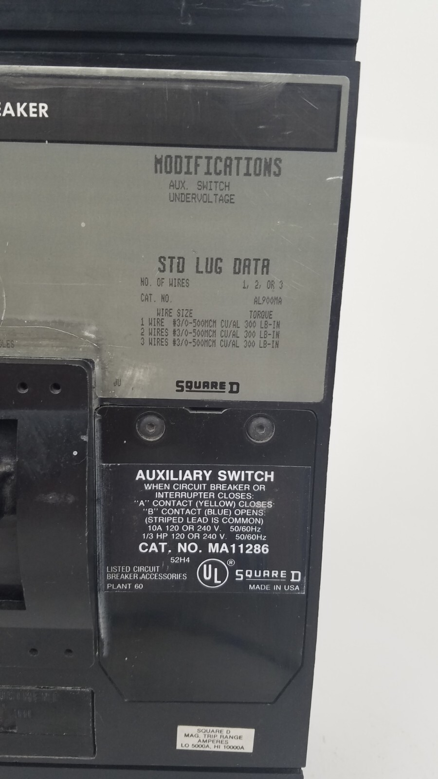 MHL3610001287 Square D 1000A Circuit Breaker w/ 48V Undervoltage Aux Switch
