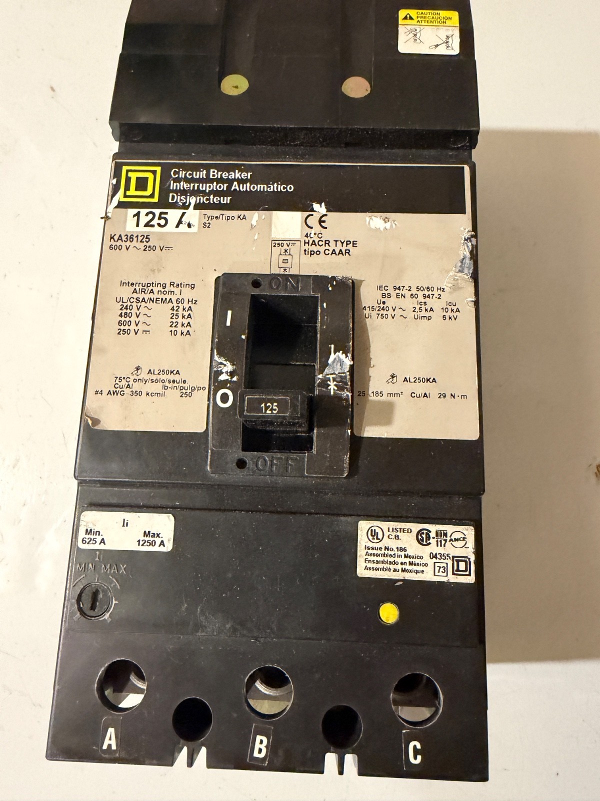 Square D KA36125, 125 Amp, 600 Volt, 3 Pole, Circuit Breaker box B-2
