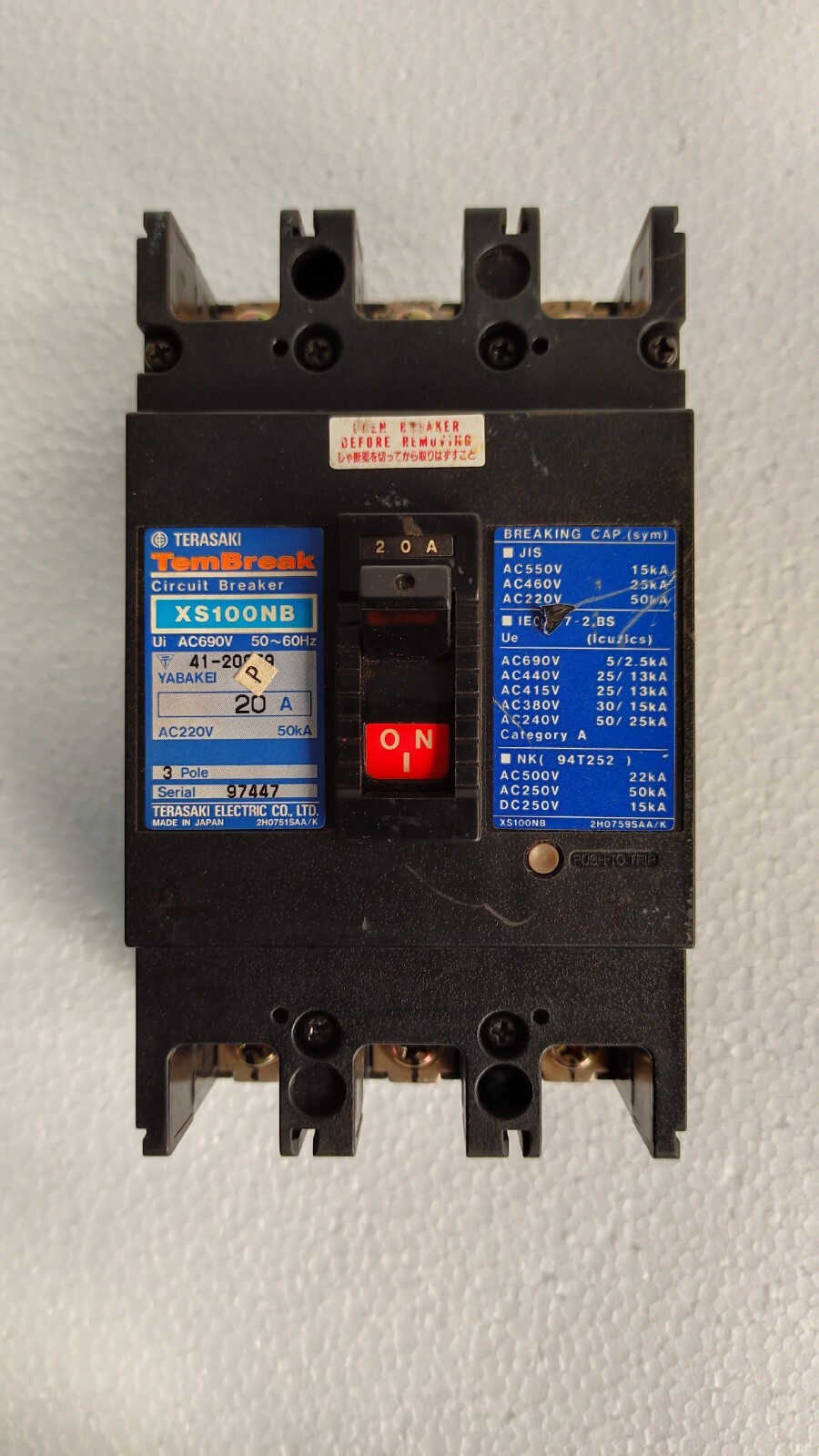 Terasaki TemBreak xs100nb / XS100NB 20A 3 Pole Circuit Breaker