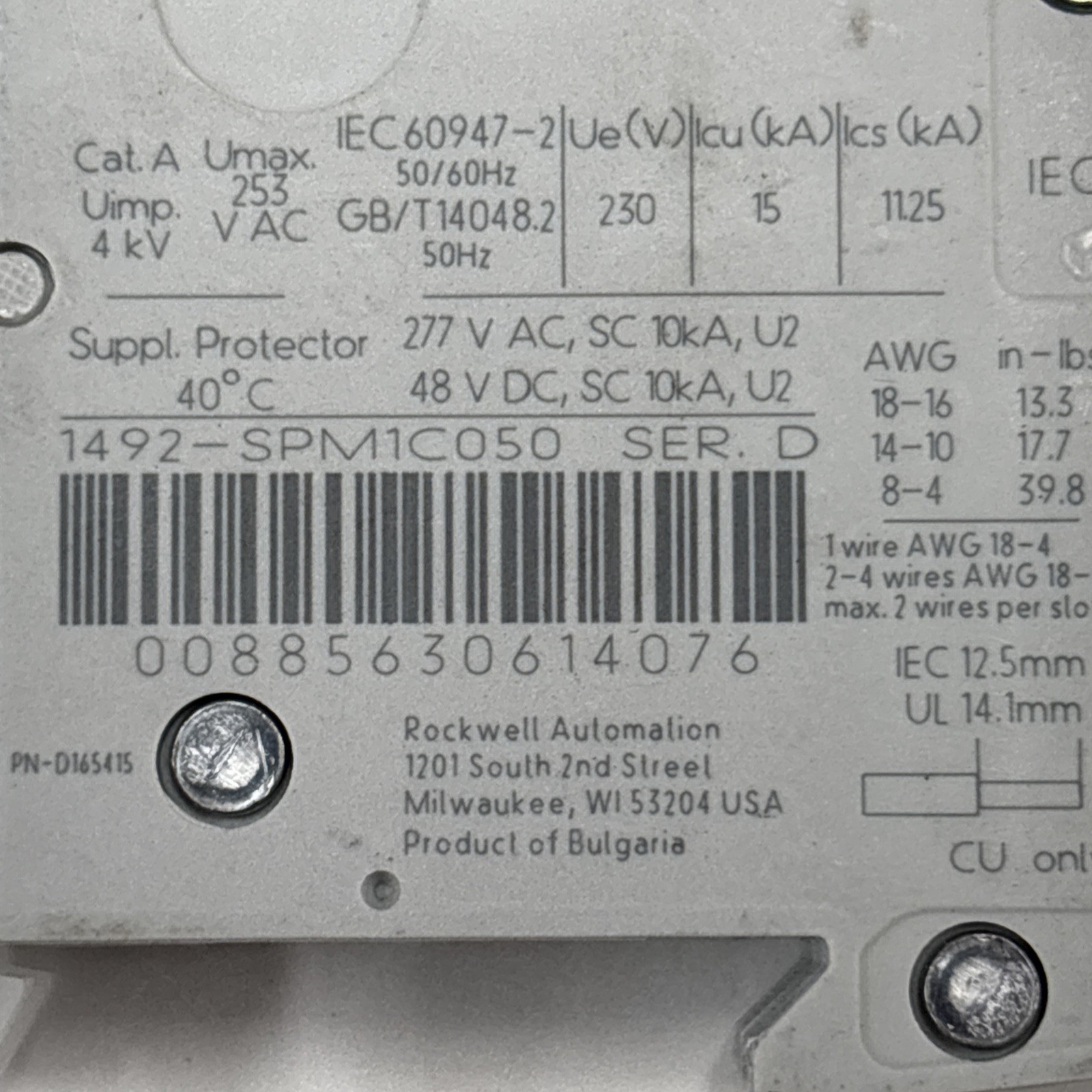 Allen Bradley 1492-SPM1C050 Supplementary Protector Ser. D Circuit Breaker NEW
