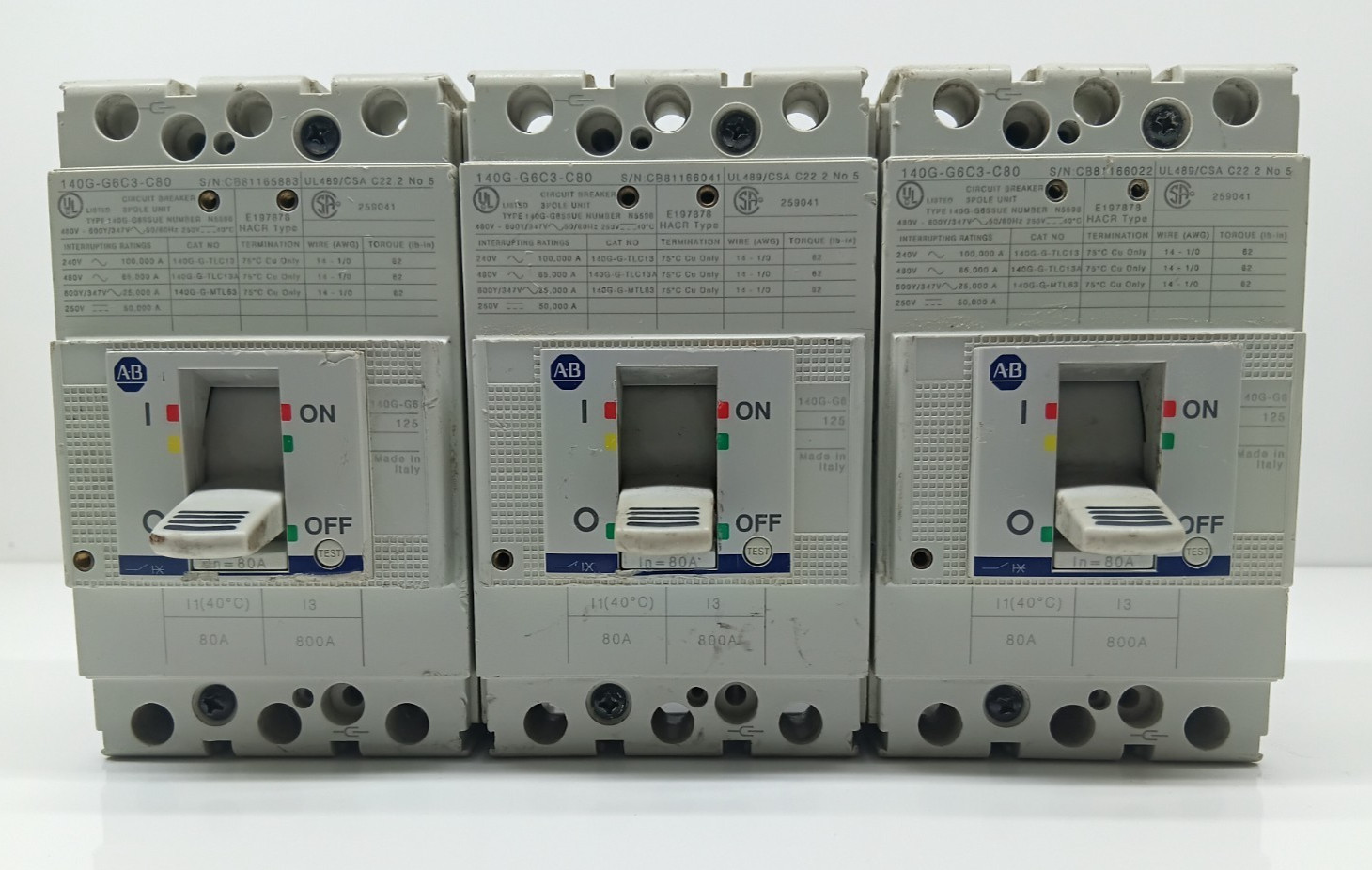 USED ALLEN BRADLEY 140G-G6C3-C80A SER A. CIRCUIT BREAKER 3 POLE 80 AMPS / LOT OF
