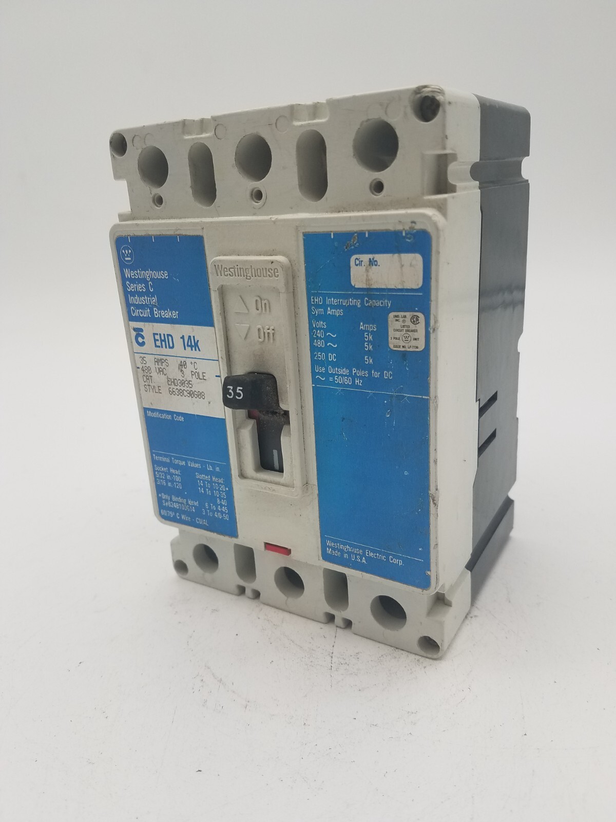 Westinghouse EHD3035 Circuit Breaker 35A 480V 3P EHD 14KA Blue Label Used