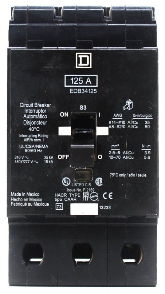 SQUARE D CIRCUIT BREAKER EDB34125 – 125 AMP 3 POLES
