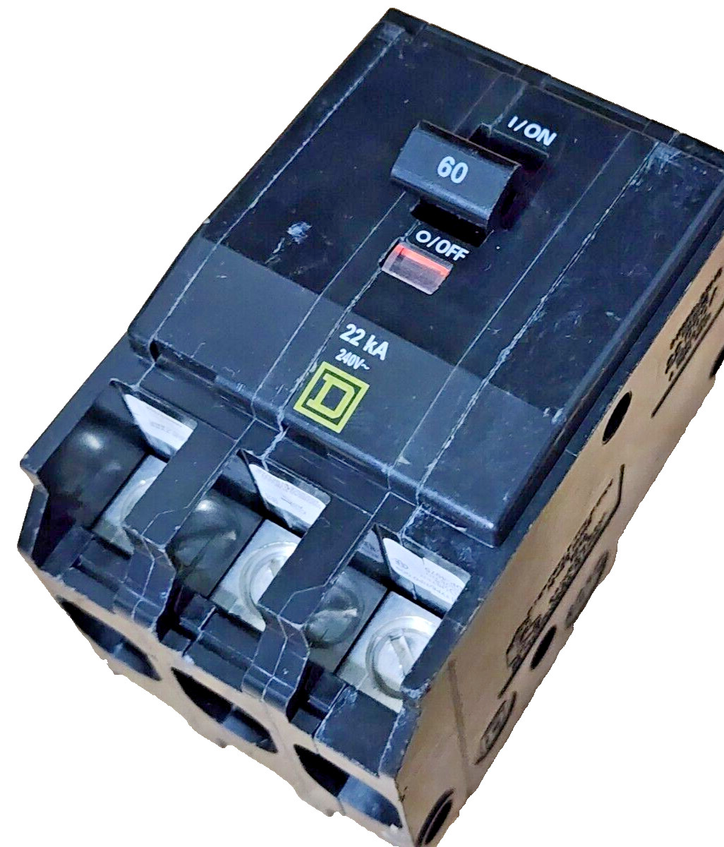 Square D QOB360VH, 3 Pole, 60 Amp, 22kA, Bolt-On Circuit Breaker 240Vac