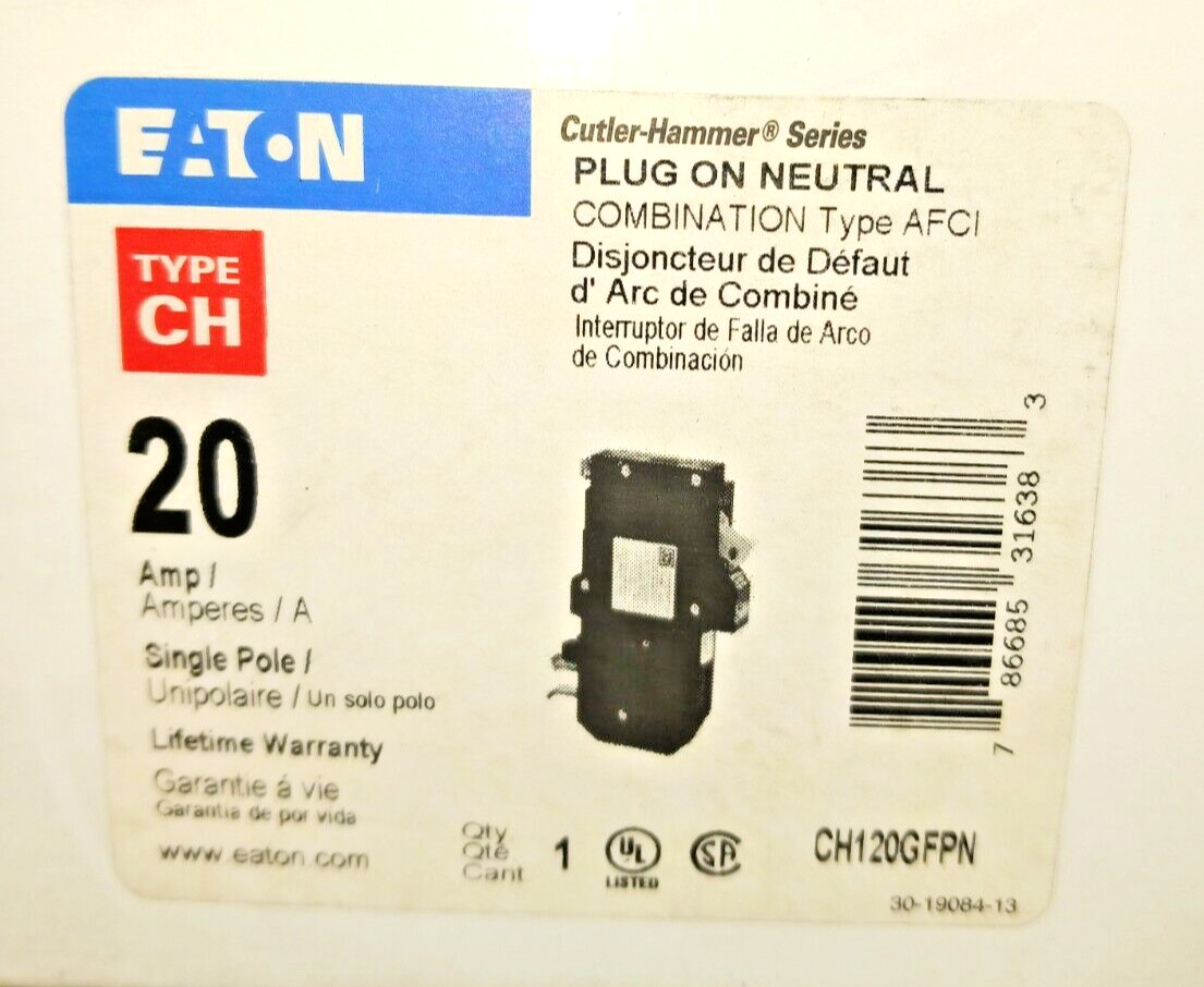 New Eaton Plug On Neutral AFCI Circuit Breaker 20 Amp 1 Pole 120 VAC CH120GFPN
