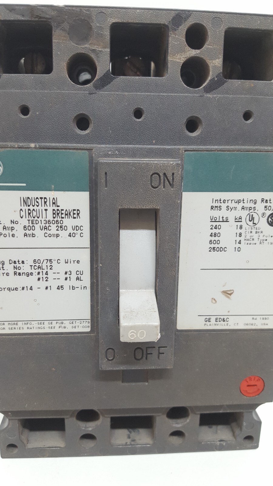 GE TED136060 CIRCUIT BREAKER 3 POLE 60 AMPS 600VAC / TESTED OK