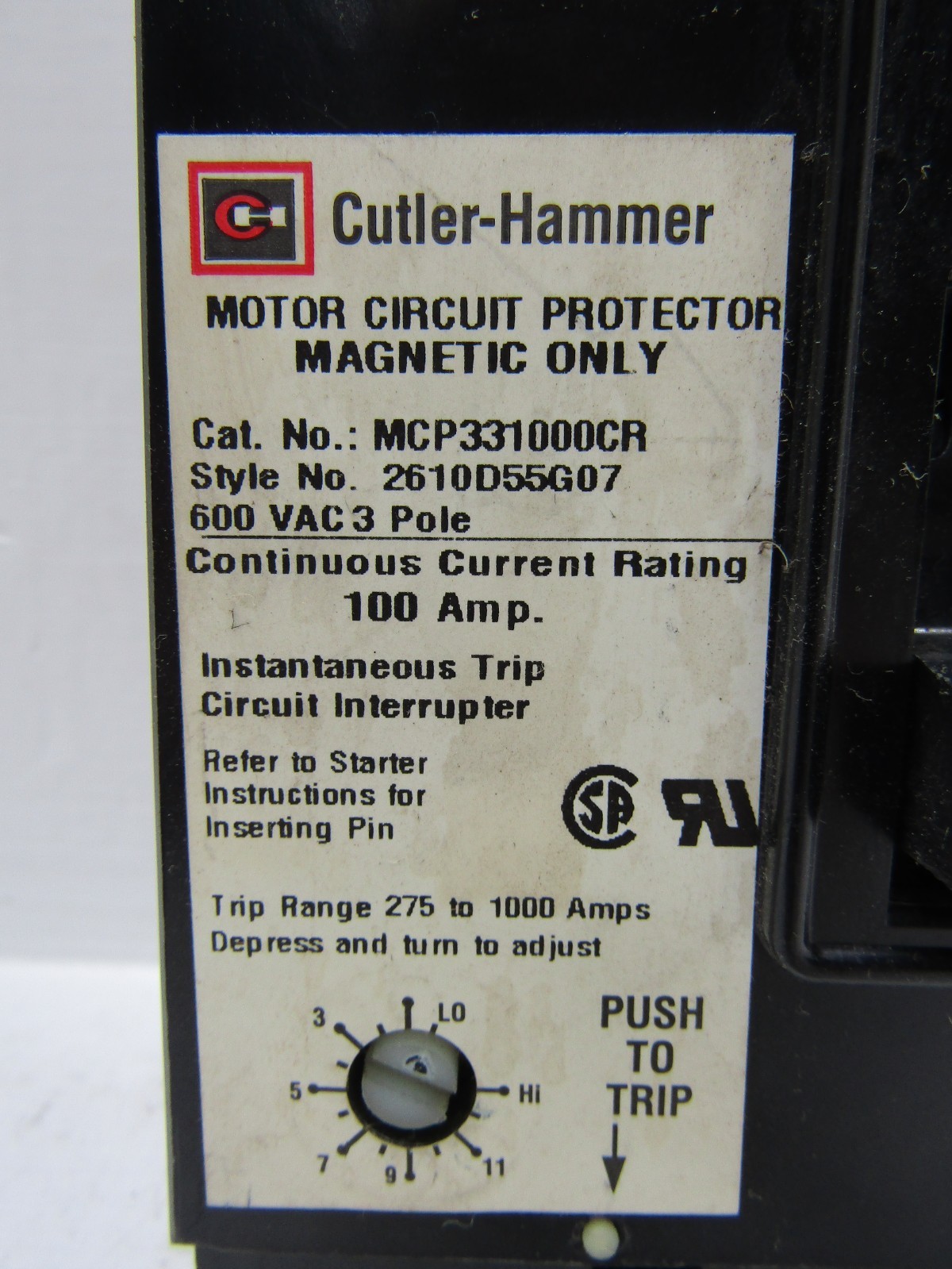 Cutler Hammer MCP331000CR 100 Amp 600V 3-Pole Circuit Breaker 100A 3P